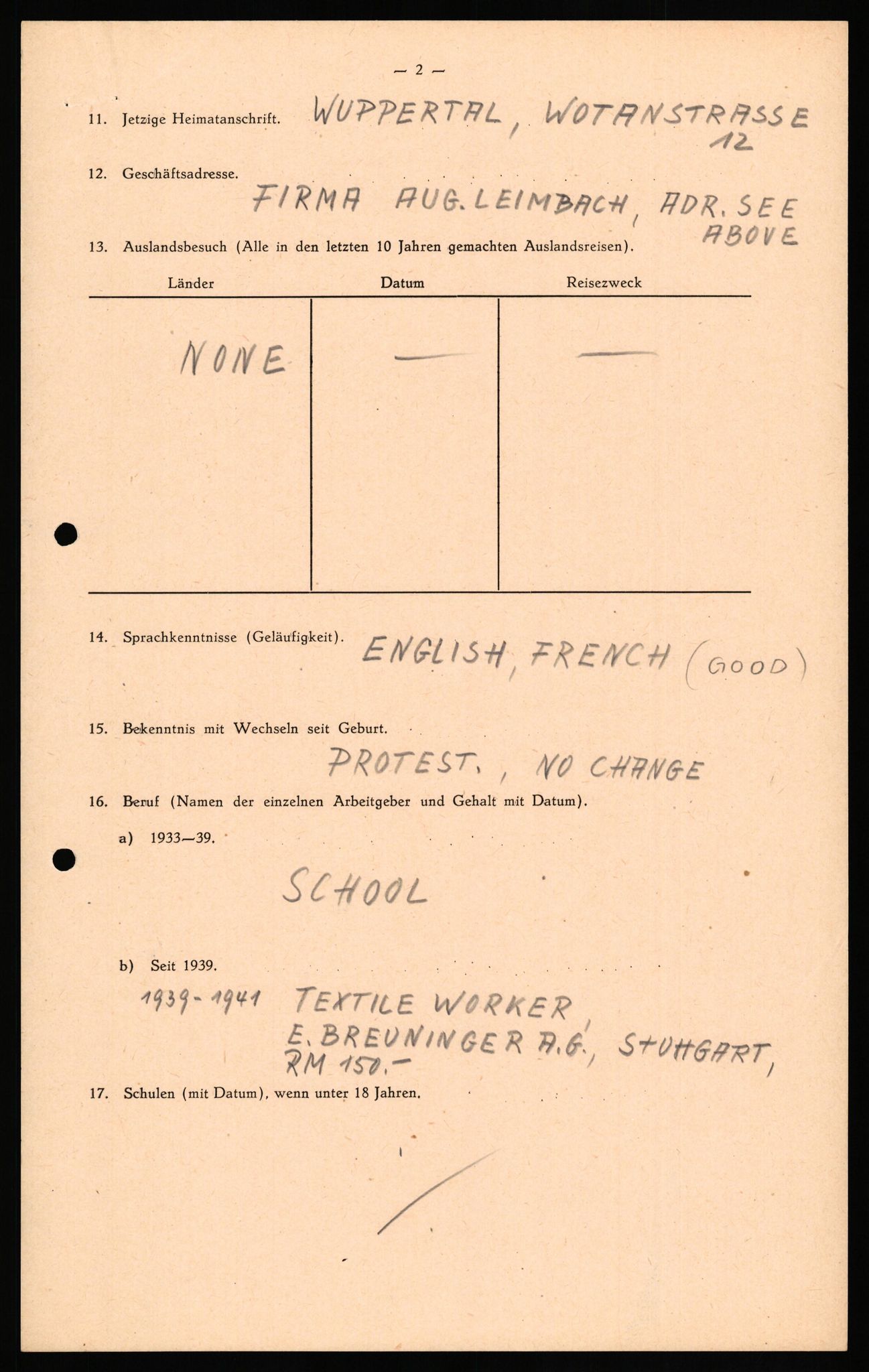 Forsvaret, Forsvarets overkommando II, RA/RAFA-3915/D/Db/L0034: CI Questionaires. Tyske okkupasjonsstyrker i Norge. Tyskere., 1945-1946, s. 350