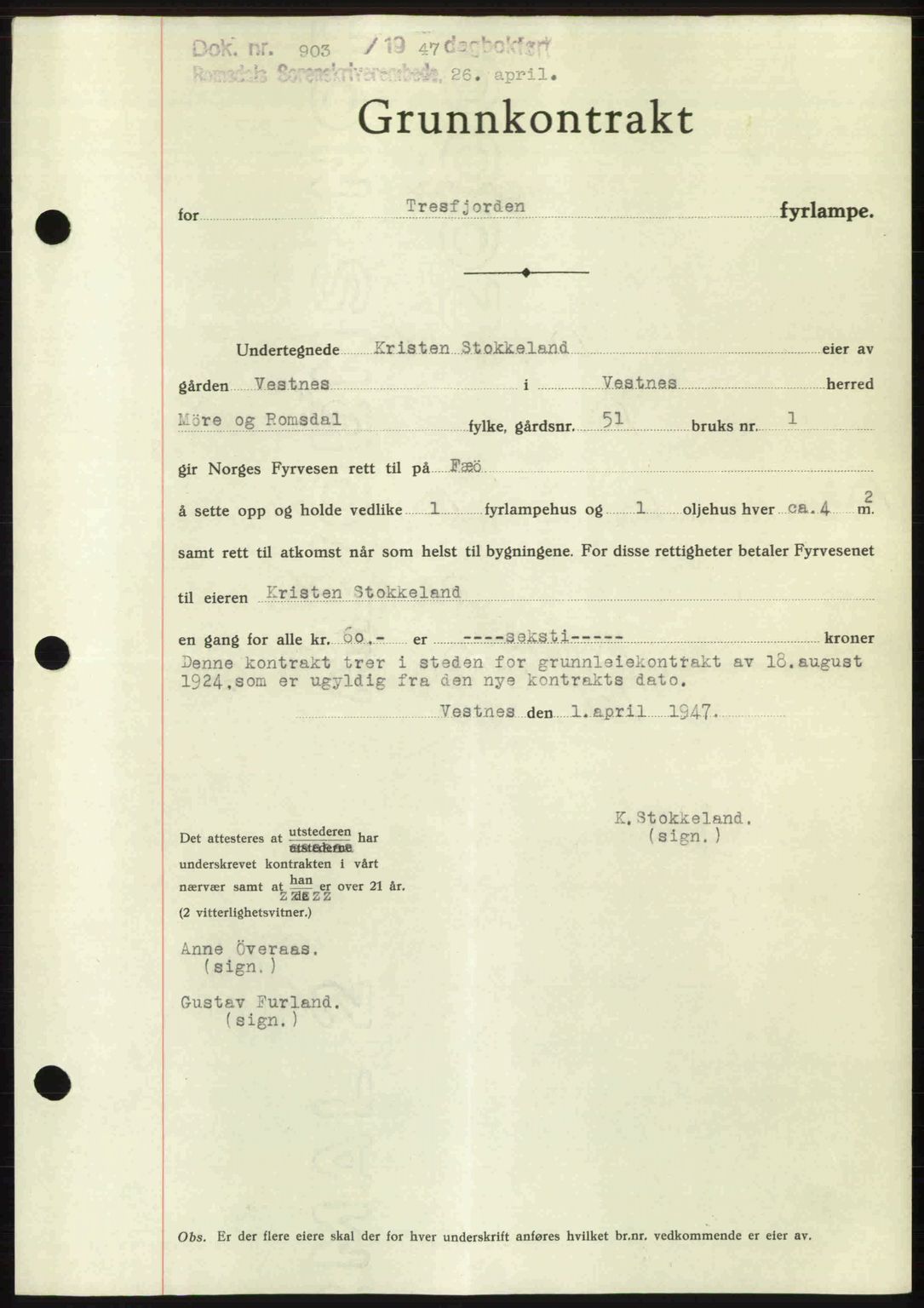 Romsdal sorenskriveri, AV/SAT-A-4149/1/2/2C: Pantebok nr. A22, 1947-1947, Dagboknr: 903/1947