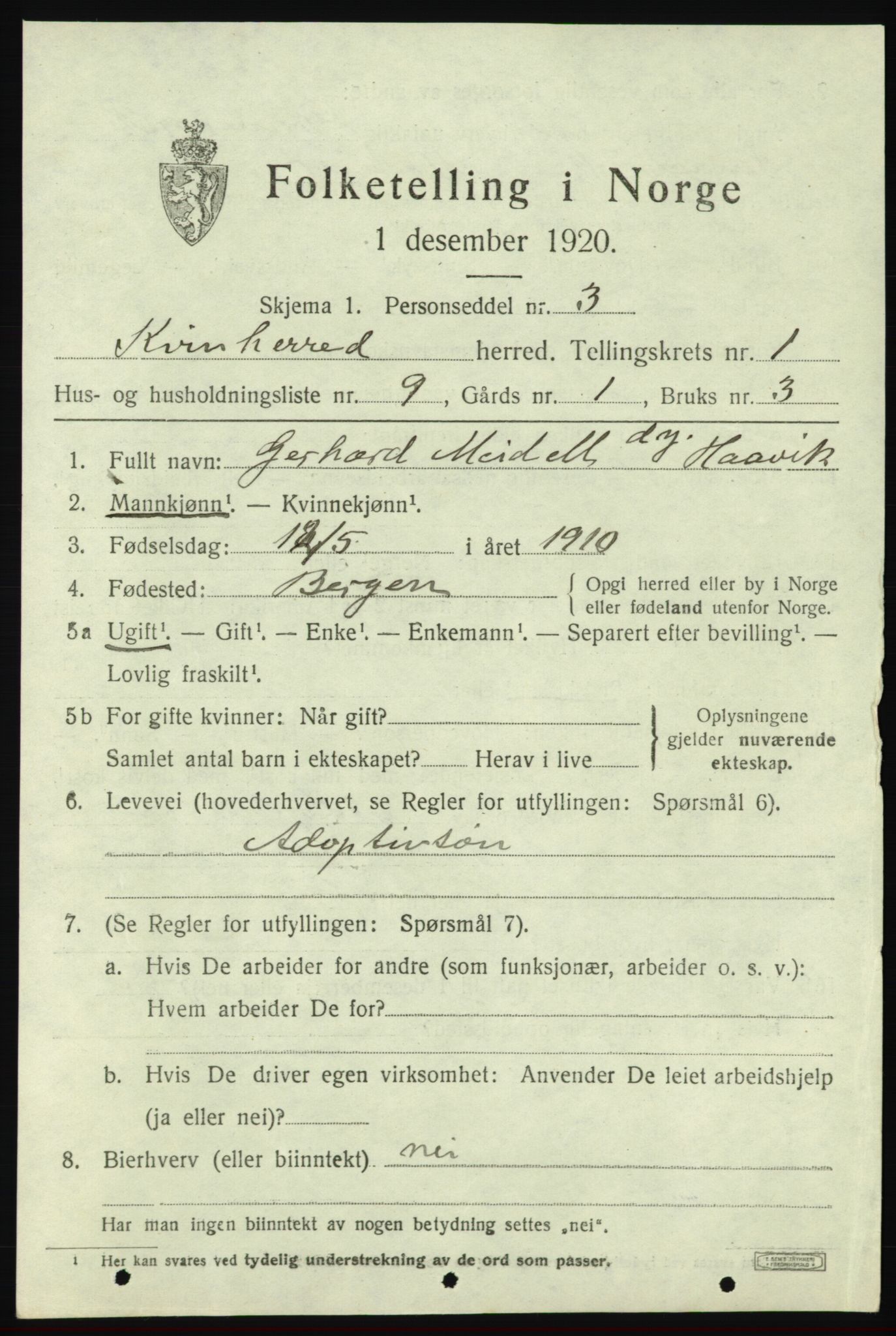 SAB, Folketelling 1920 for 1224 Kvinnherad herred, 1920, s. 3834