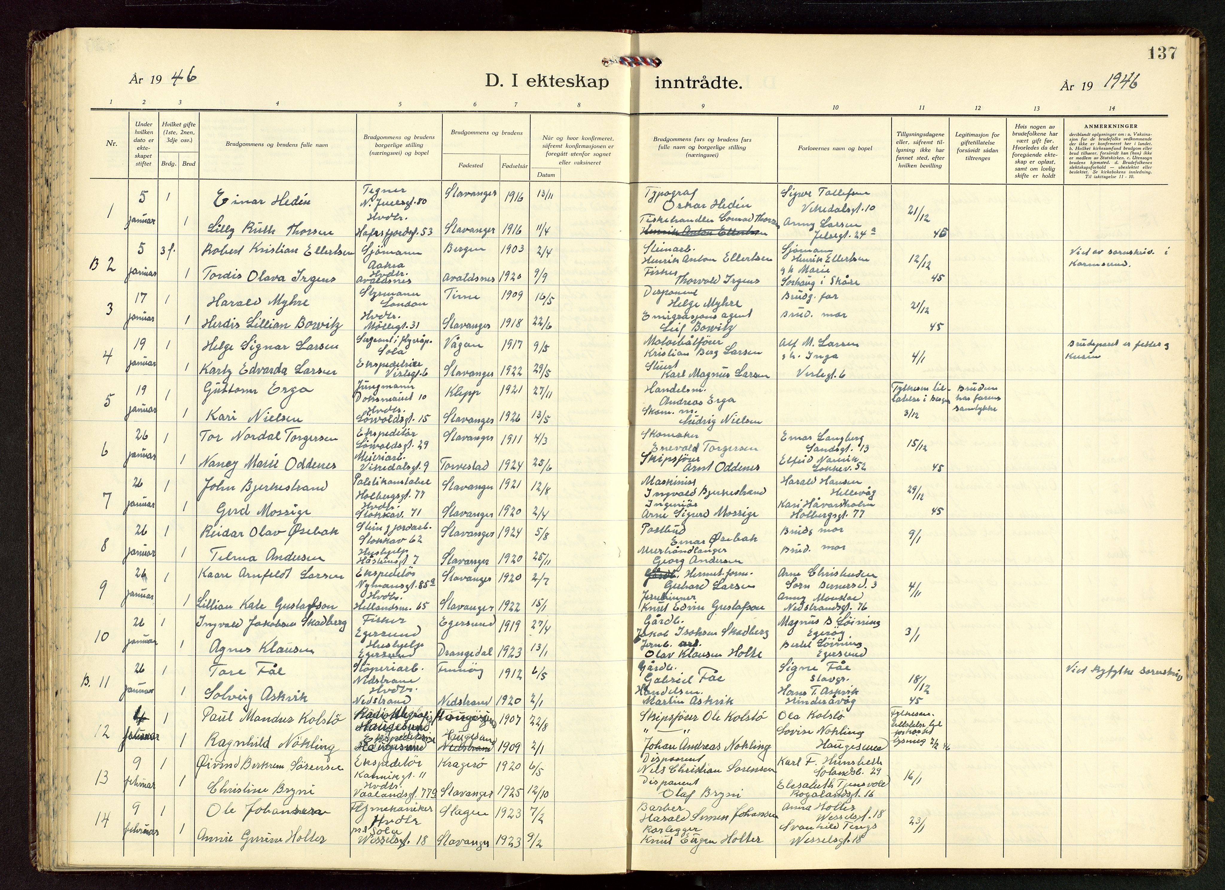 Domkirken sokneprestkontor, SAST/A-101812/001/30/30BB/L0022: Klokkerbok nr. B 22, 1937-1949, s. 137