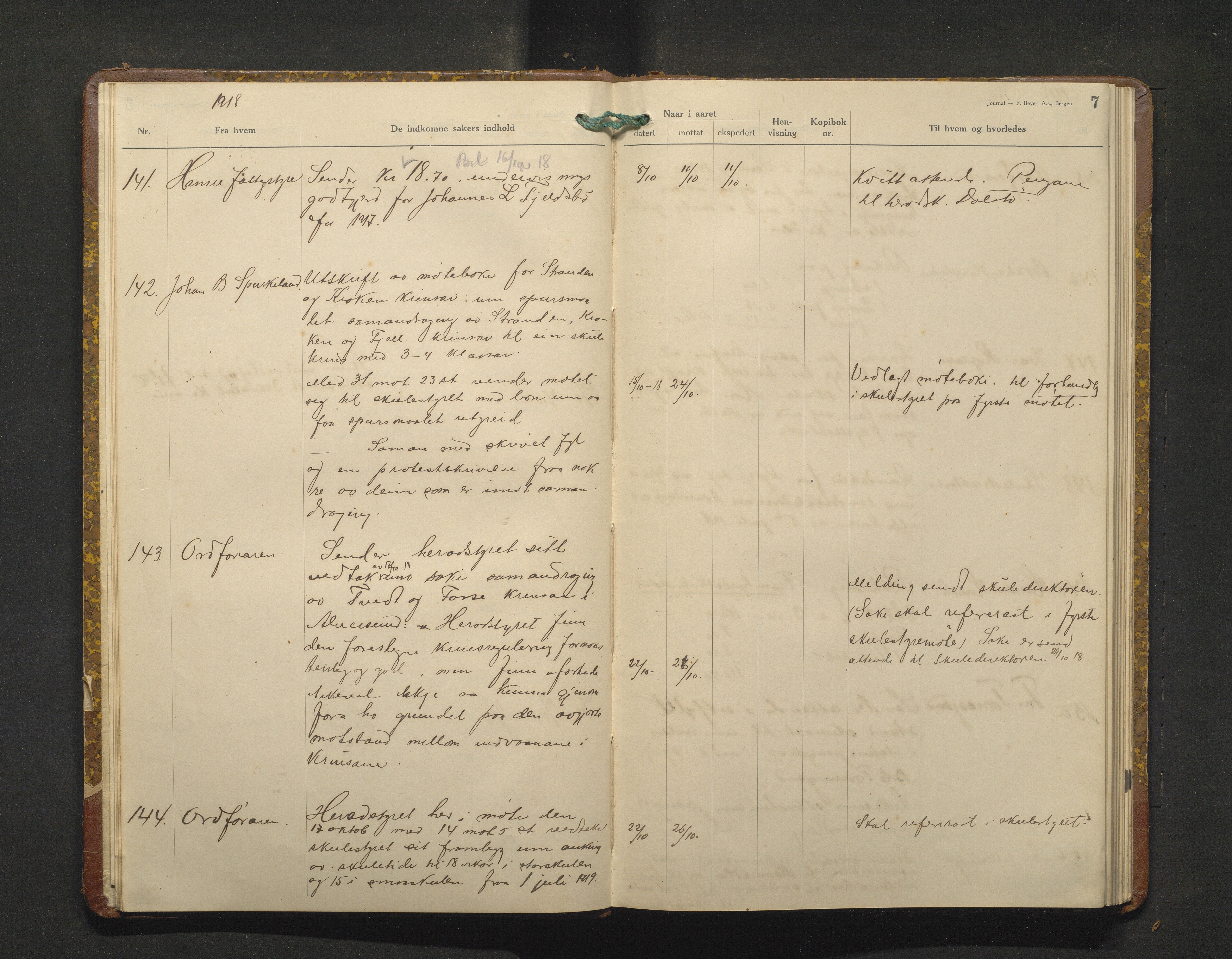 Alversund kommune. Skulestyret, IKAH/1257-211/C/Ca/L0005: Brevjournal for Alversund skulestyre, 1918-1920