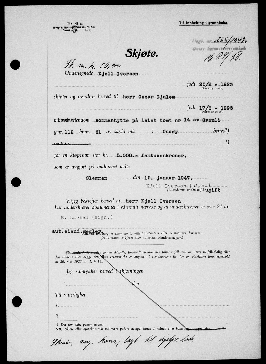 Onsøy sorenskriveri, AV/SAO-A-10474/G/Ga/Gab/L0018: Pantebok nr. II A-18, 1946-1947, Dagboknr: 255/1947