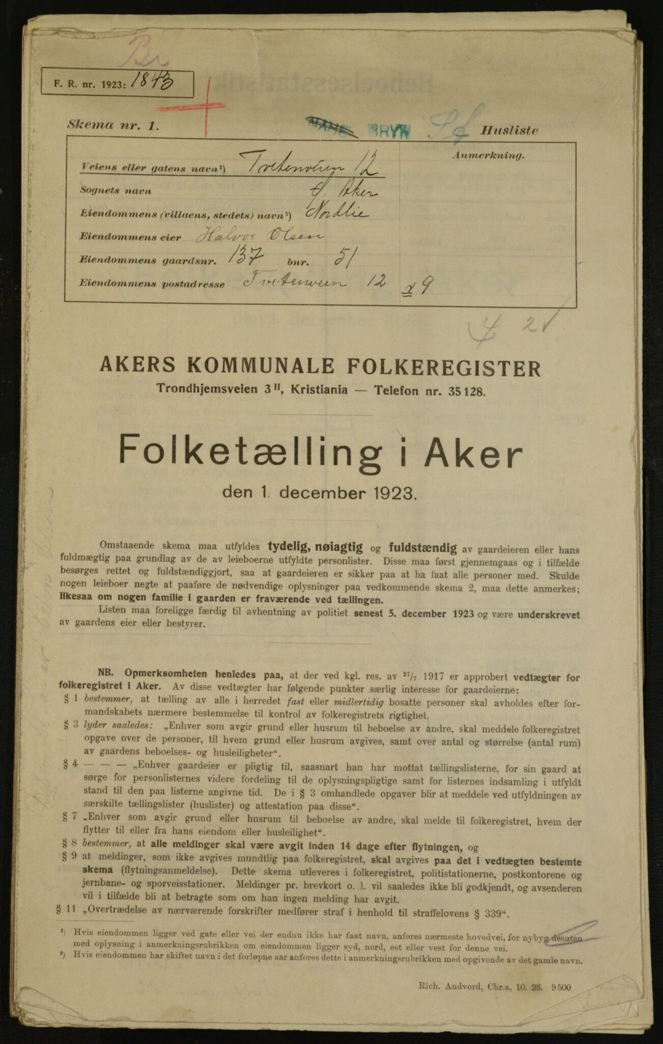 , Kommunal folketelling 1.12.1923 for Aker, 1923, s. 34230