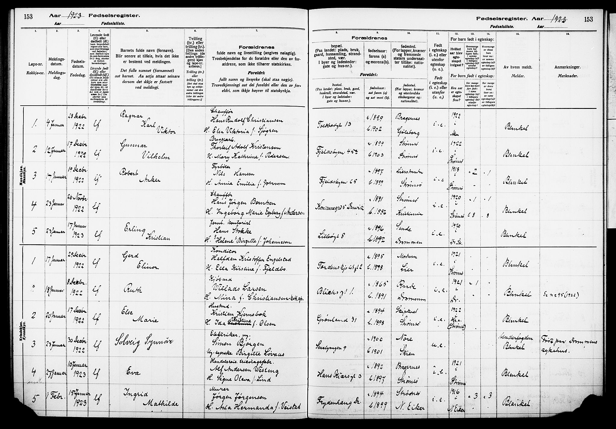 Strømsø kirkebøker, AV/SAKO-A-246/J/Ja/L0001: Fødselsregister nr. I 1, 1916-1925, s. 153