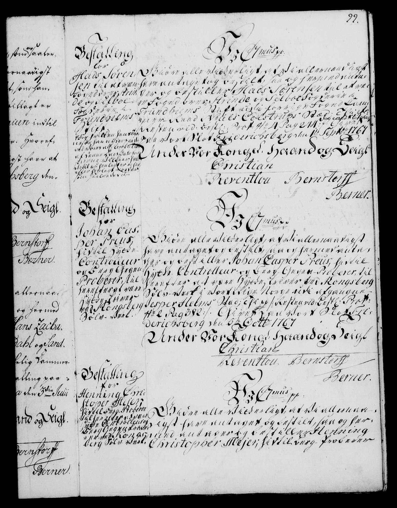 Rentekammeret, Kammerkanselliet, RA/EA-3111/G/Gg/Gge/L0004: Norsk bestallingsprotokoll med register (merket RK 53.28), 1762-1771, s. 99
