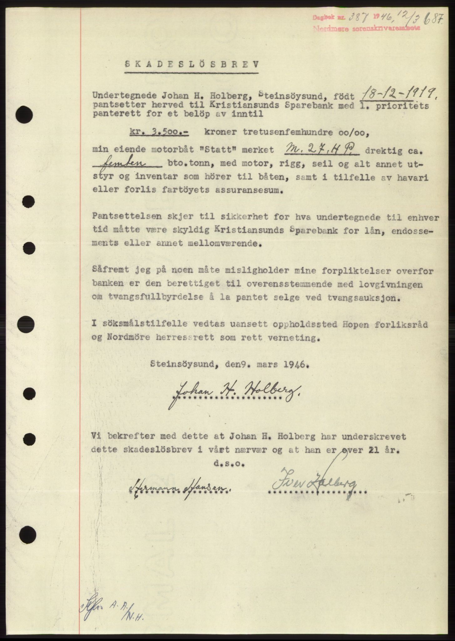 Nordmøre sorenskriveri, SAT/A-4132/1/2/2Ca: Pantebok nr. B93b, 1946-1946, Dagboknr: 387/1946