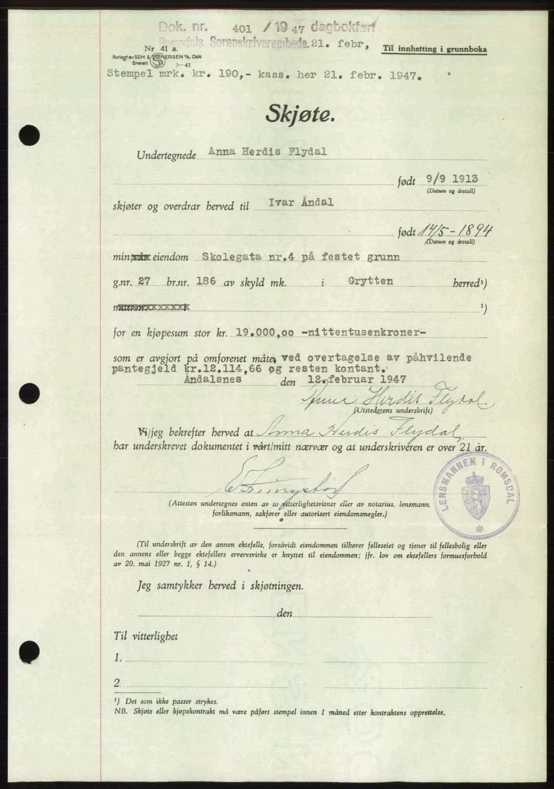 Romsdal sorenskriveri, AV/SAT-A-4149/1/2/2C: Pantebok nr. A22, 1947-1947, Dagboknr: 401/1947