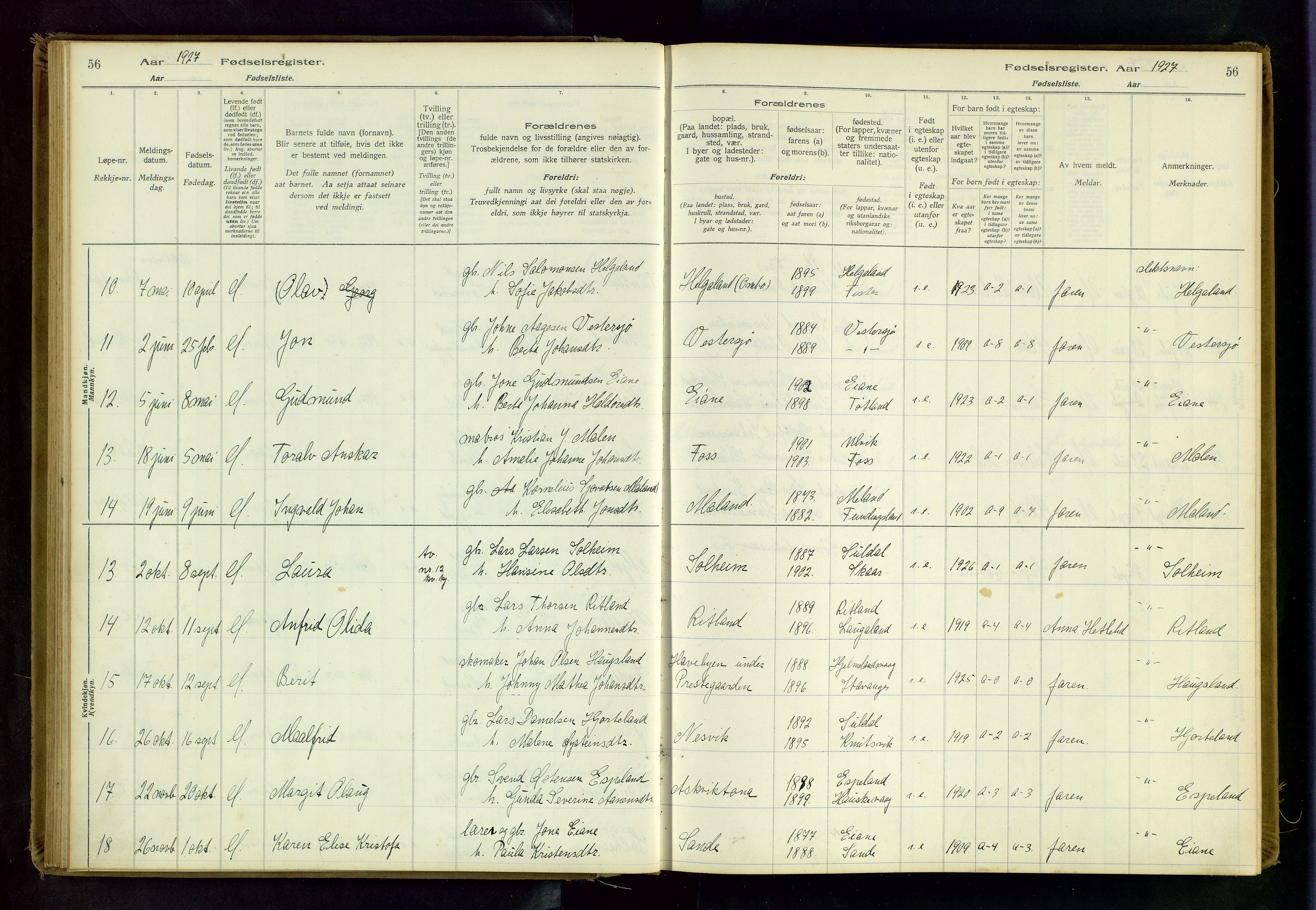 Hjelmeland sokneprestkontor, AV/SAST-A-101843/02/B/L0001: Fødselsregister nr. 1, 1916-1963, s. 56