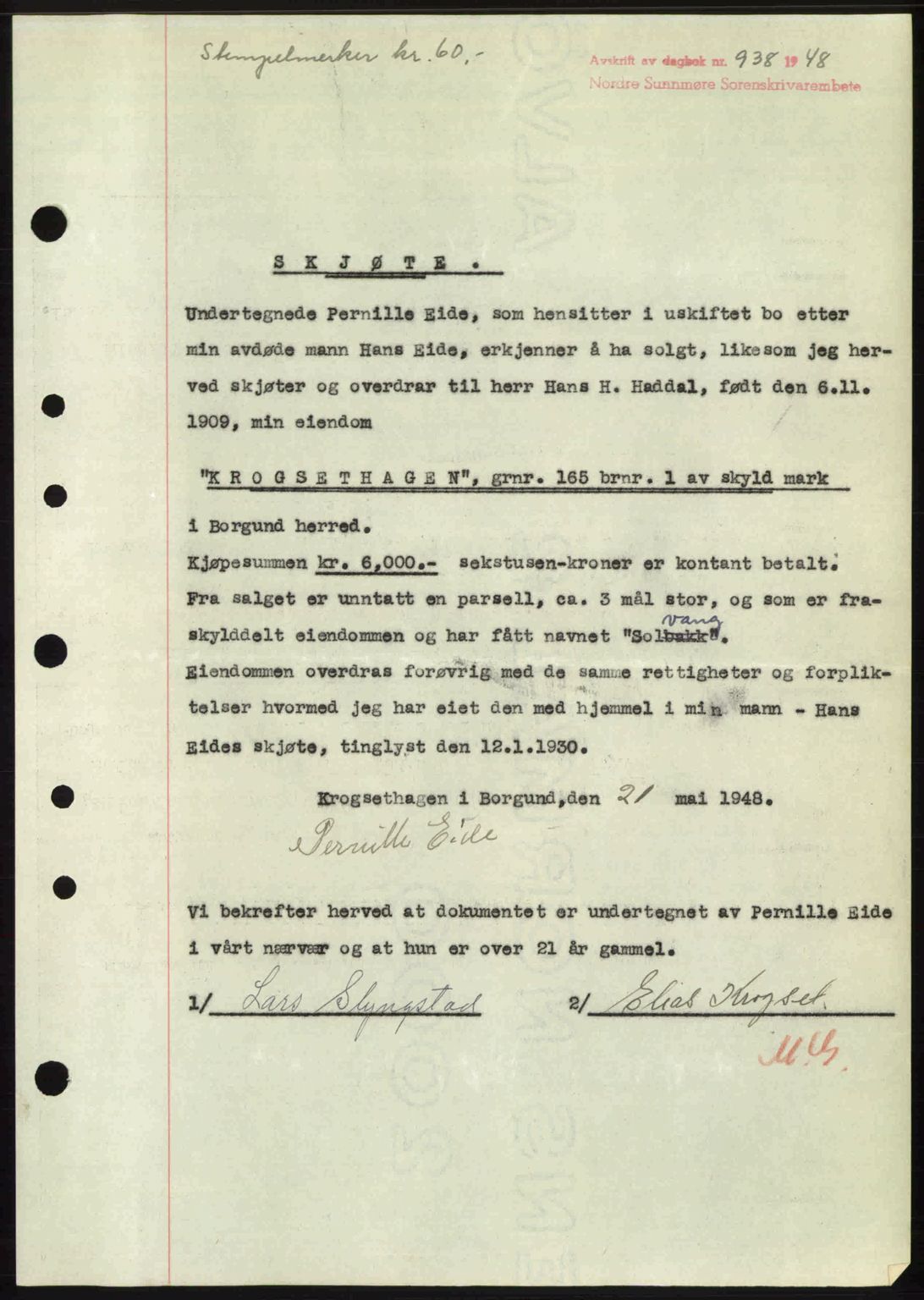 Nordre Sunnmøre sorenskriveri, AV/SAT-A-0006/1/2/2C/2Ca: Pantebok nr. A27, 1948-1948, Dagboknr: 938/1948