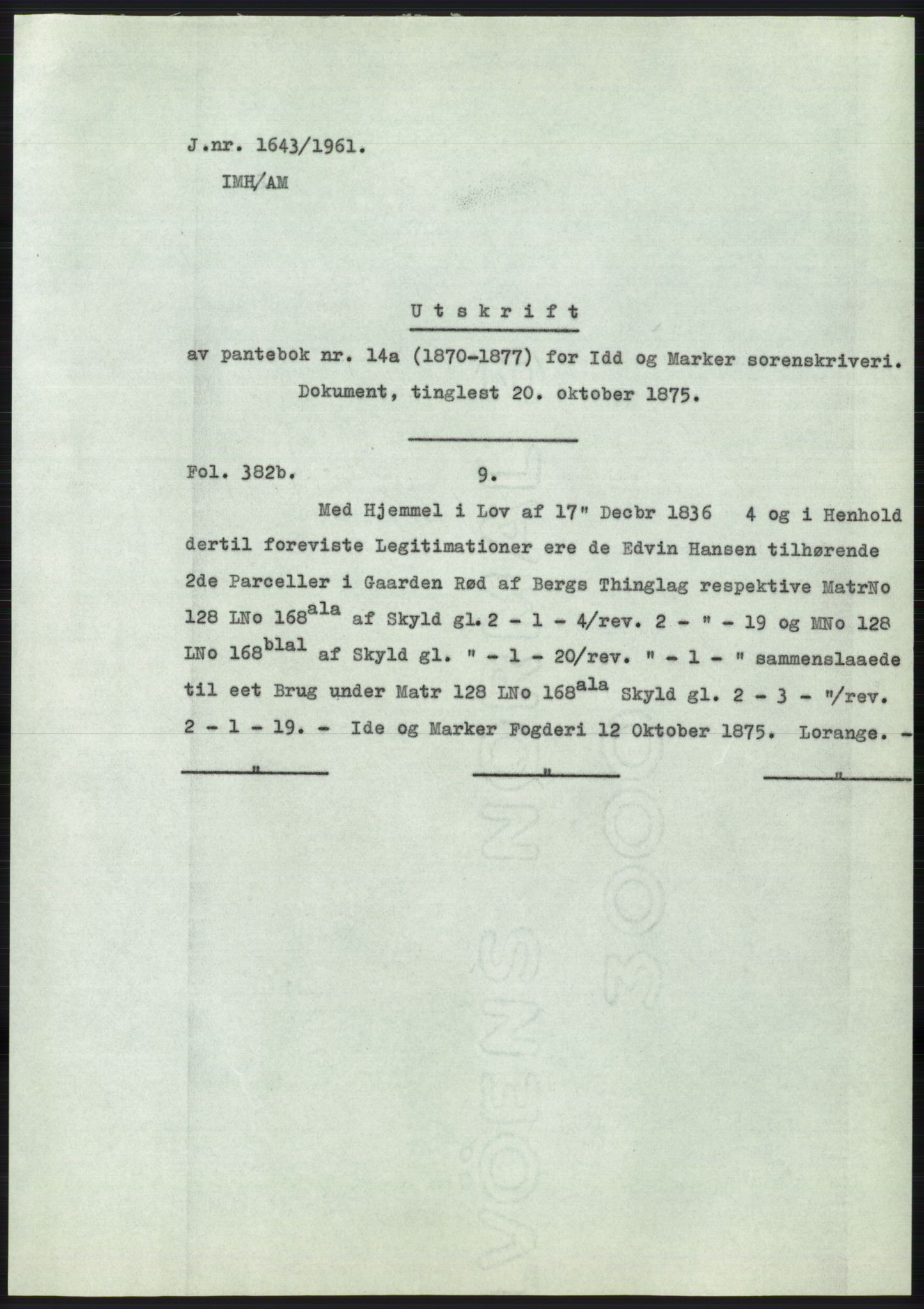 Statsarkivet i Oslo, SAO/A-10621/Z/Zd/L0014: Avskrifter, j.nr 1101-1809/1961, 1961, s. 278