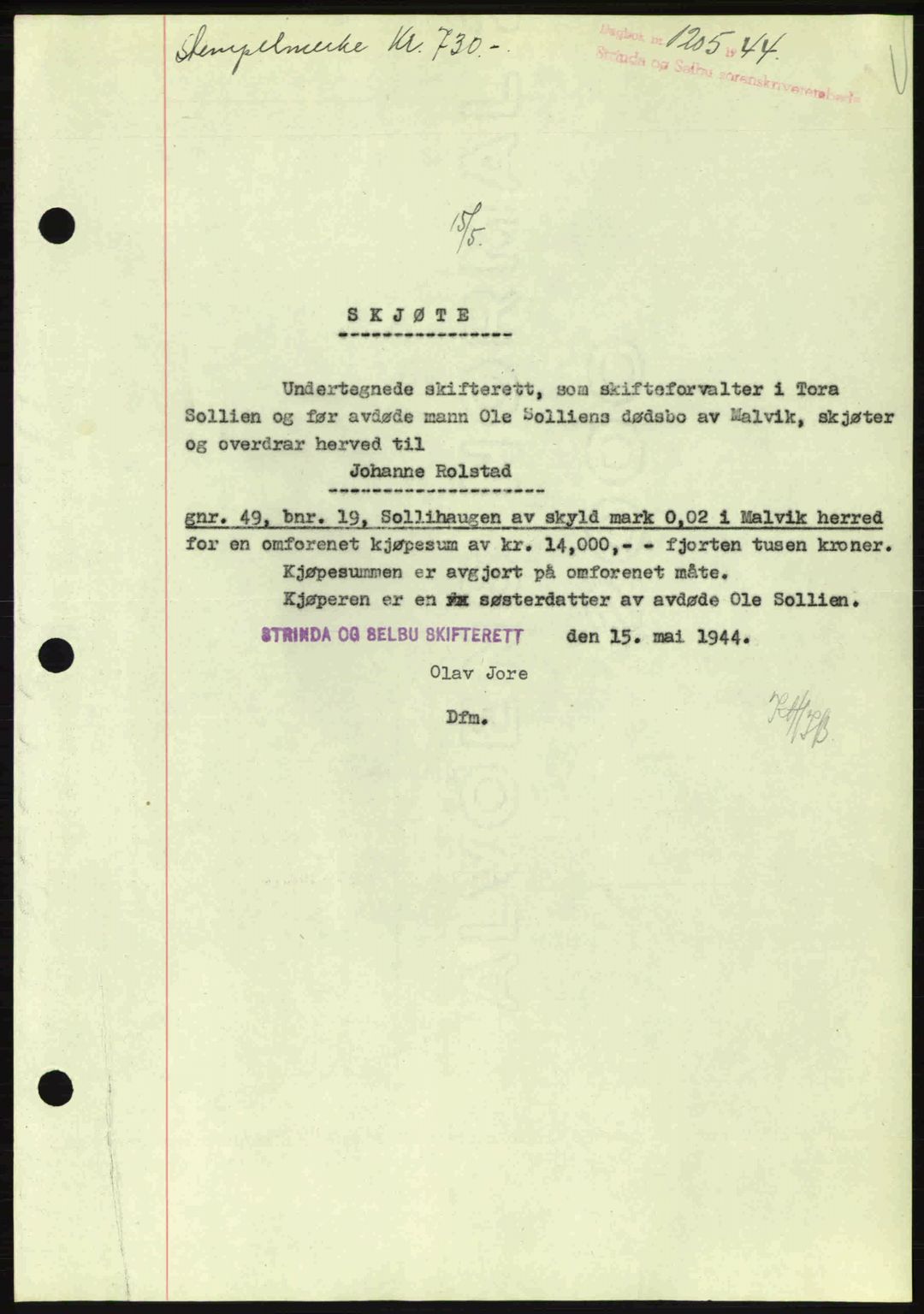 Strinda og Selbu sorenskriveri, SAT/A-0015/2/2C: Pantebok nr. A9, 1944-1945, Dagboknr: 1205/1944