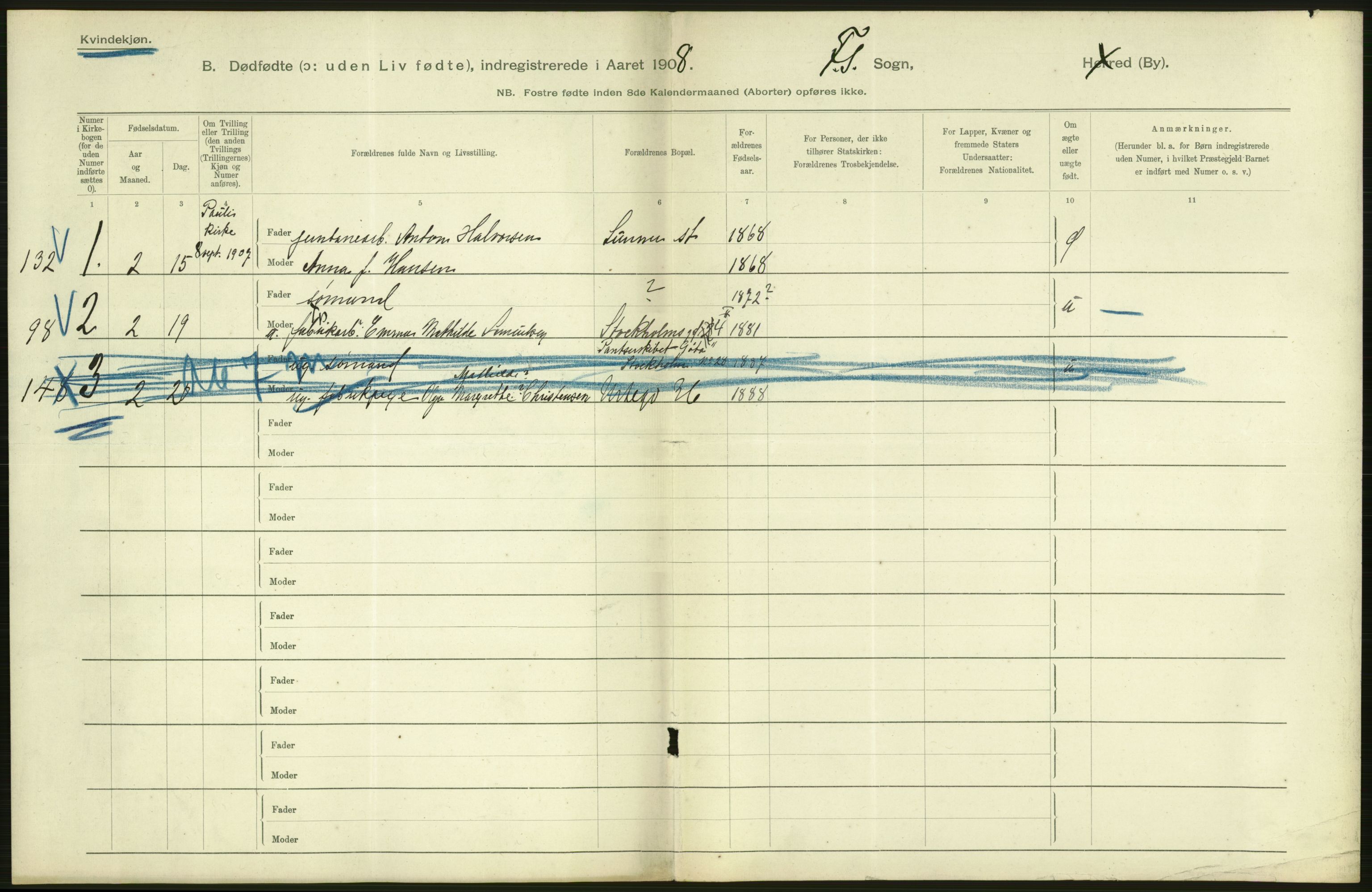 Statistisk sentralbyrå, Sosiodemografiske emner, Befolkning, AV/RA-S-2228/D/Df/Dfa/Dfaf/L0009: Kristiania: Døde, dødfødte., 1908, s. 500