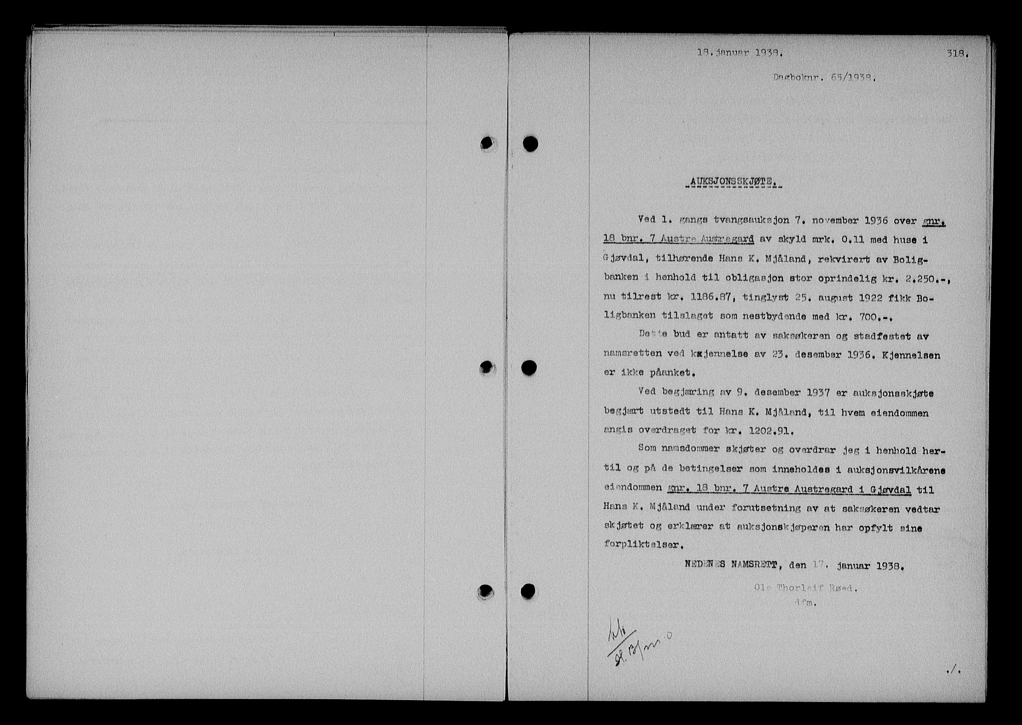 Nedenes sorenskriveri, SAK/1221-0006/G/Gb/Gba/L0044: Pantebok nr. 40, 1937-1938, Dagboknr: 65/1938