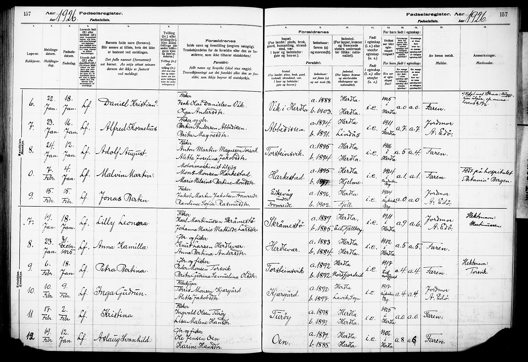 Herdla Sokneprestembete, SAB/A-75701/I/Id/L00A1: Fødselsregister nr. A 1, 1916-1929, s. 157