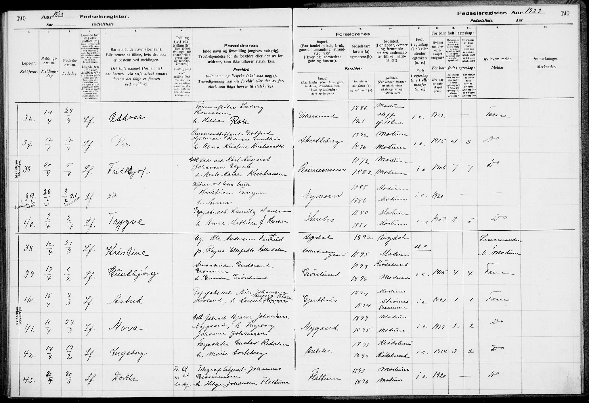 Modum kirkebøker, AV/SAKO-A-234/J/Ja/L0001: Fødselsregister nr. I 1, 1916-1923, s. 190