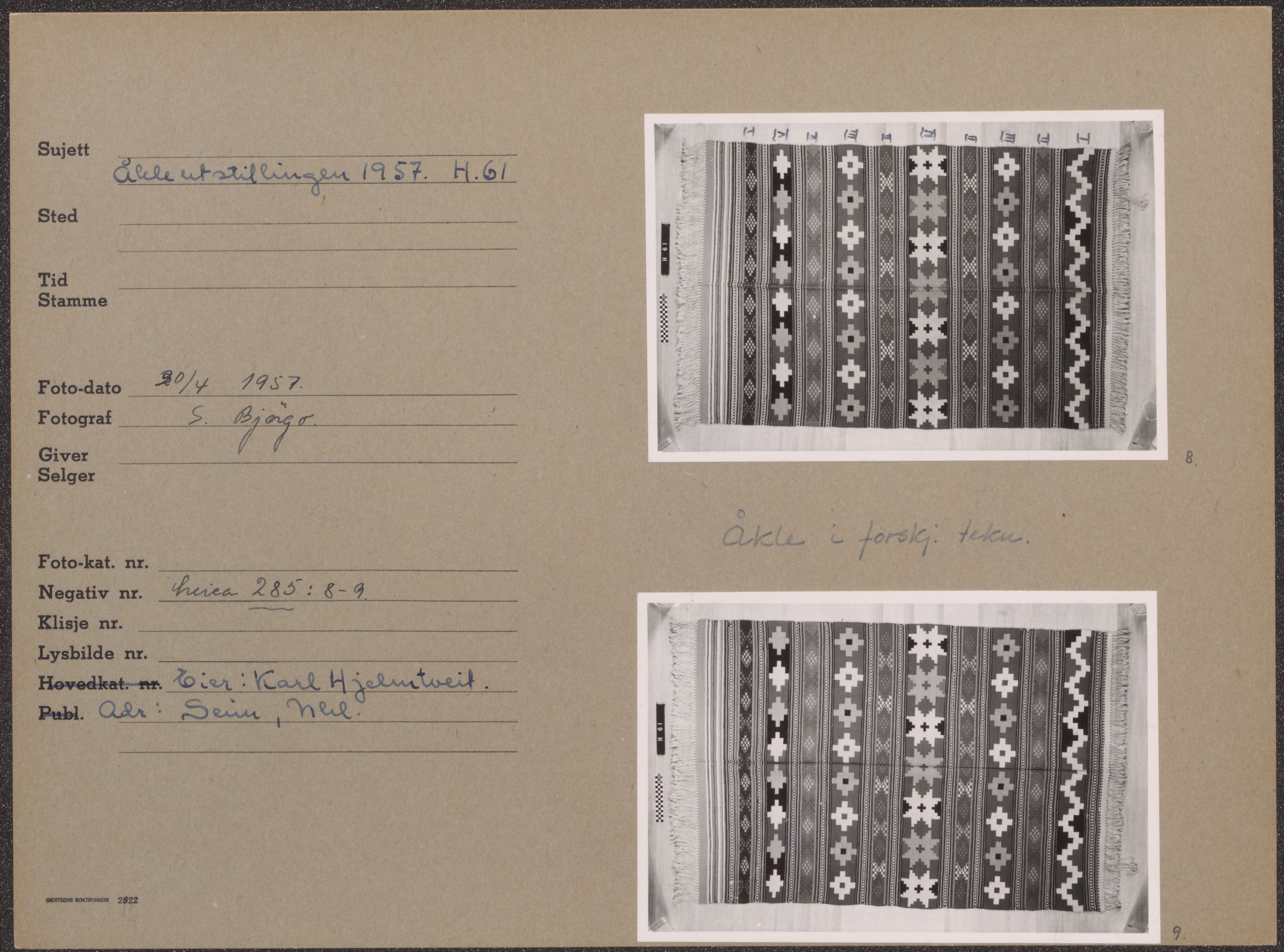 Åkleprosjektet 1957, UMB/A008/F/Fa/L0001/0003: Registreringskort Smettåkle A-H / Smettåkler H, 1957