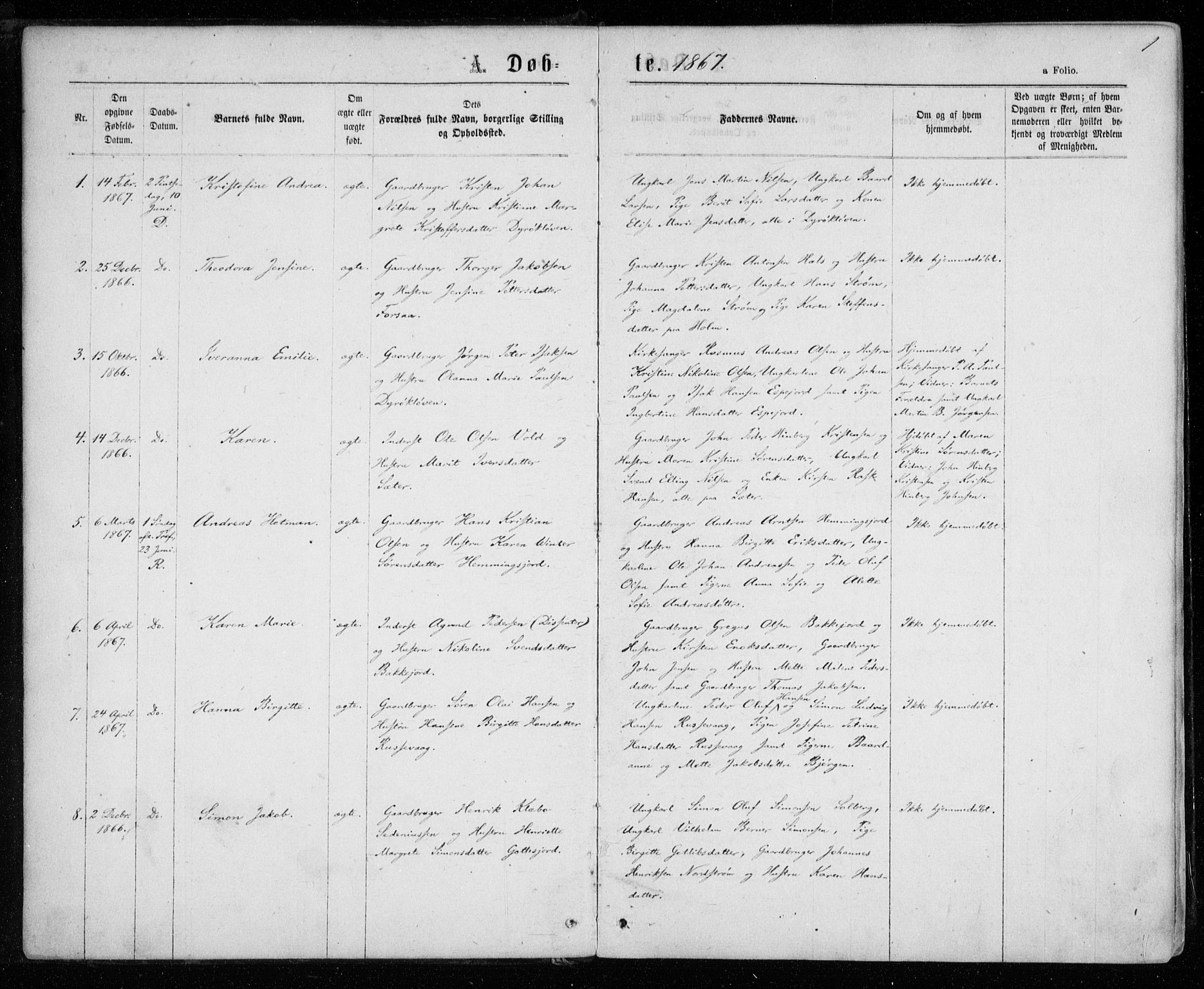 Tranøy sokneprestkontor, AV/SATØ-S-1313/I/Ia/Iaa/L0008kirke: Ministerialbok nr. 8, 1867-1877, s. 1