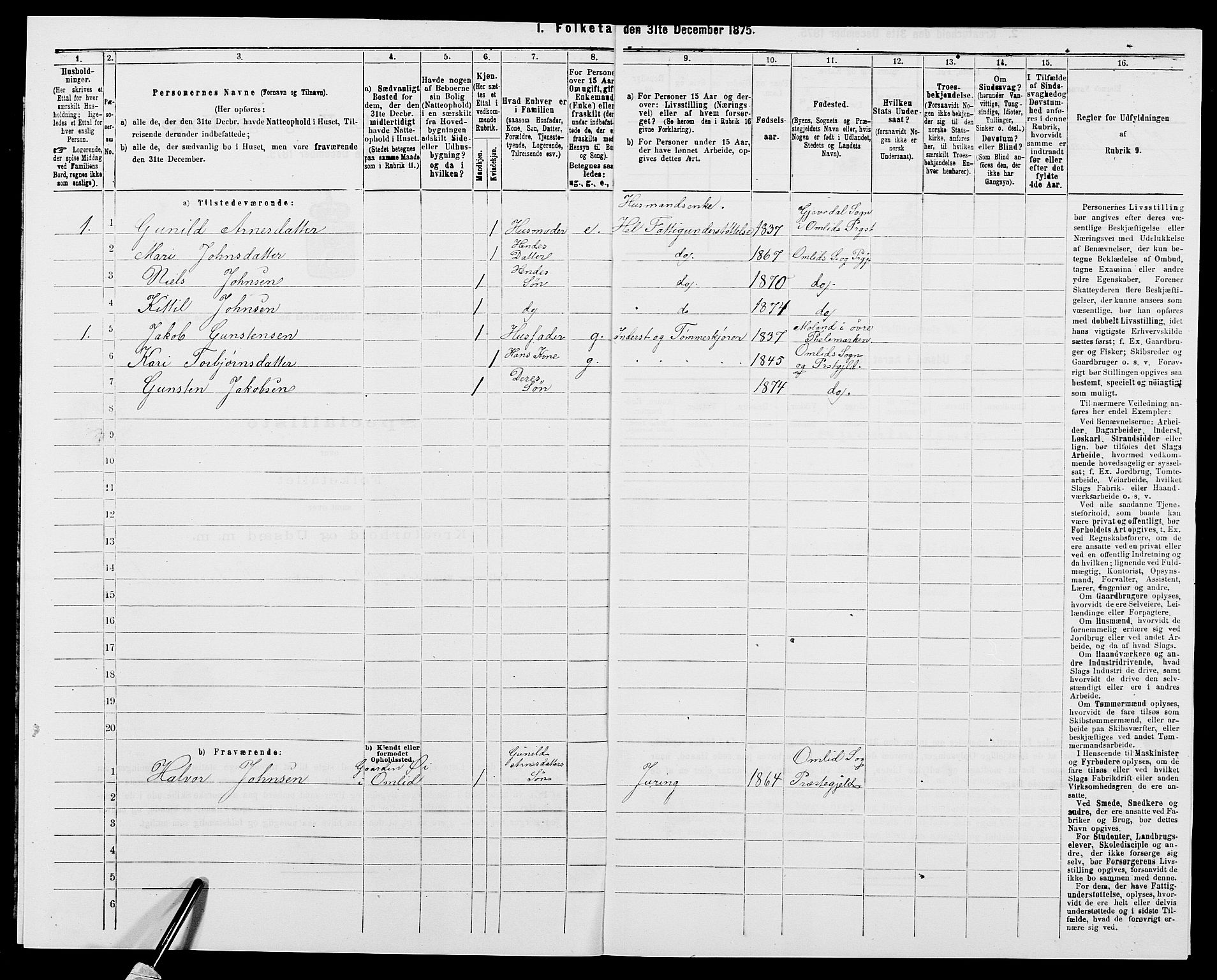 SAK, Folketelling 1875 for 0929P Åmli prestegjeld, 1875, s. 262