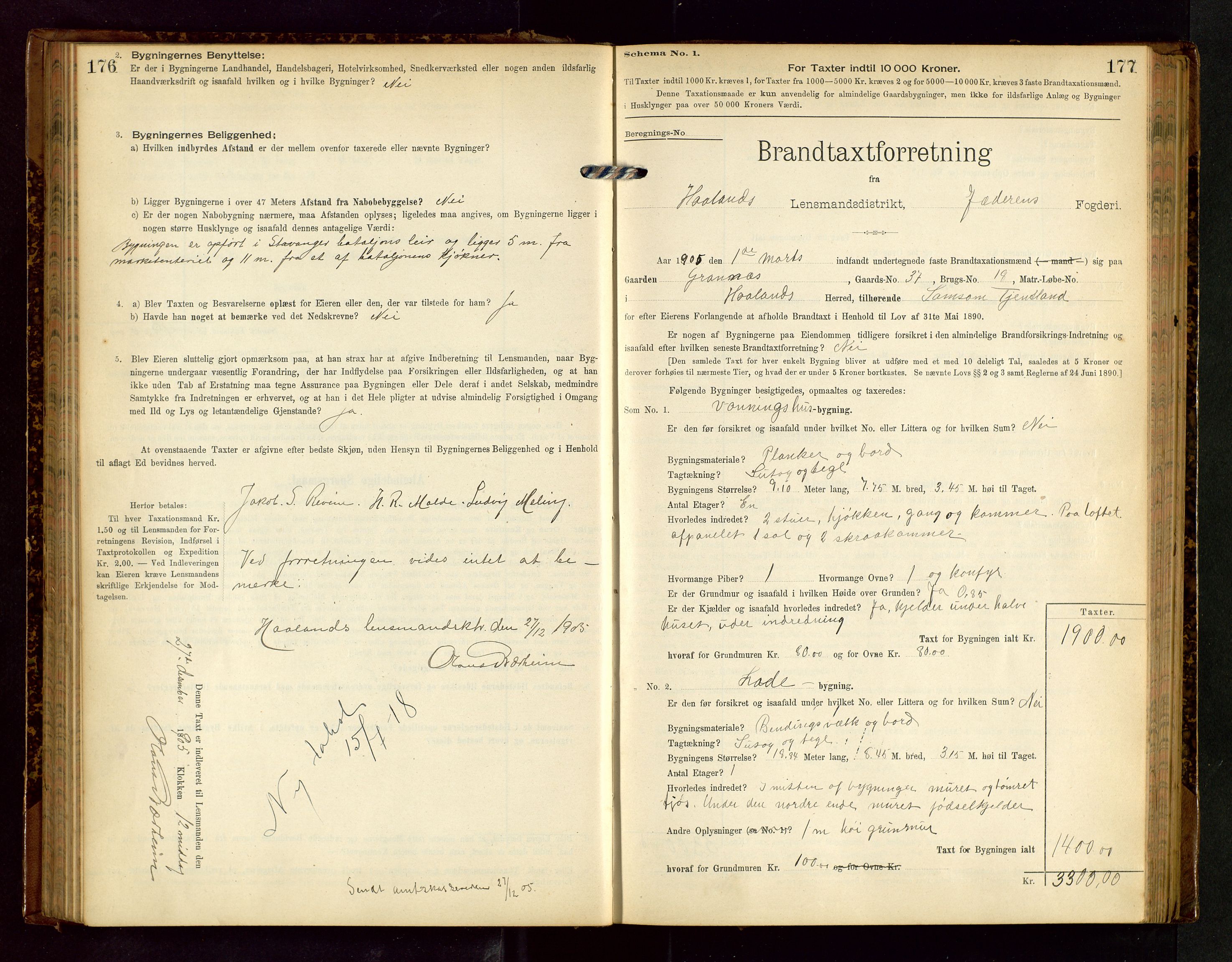 Håland lensmannskontor, SAST/A-100100/Gob/L0002: Branntakstprotokoll - skjematakst. Register i boken., 1902-1906, s. 176-177