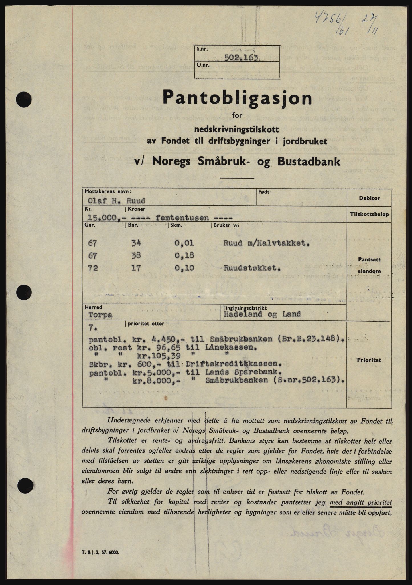 Hadeland og Land tingrett, SAH/TING-010/H/Hb/Hbc/L0047: Pantebok nr. B47, 1961-1962, Dagboknr: 4756/1961