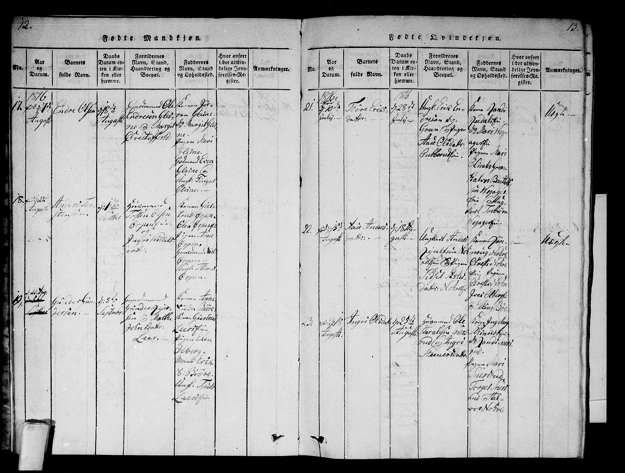 Krødsherad kirkebøker, AV/SAKO-A-19/F/Fa/L0001: Ministerialbok nr. 1, 1815-1829, s. 12-13