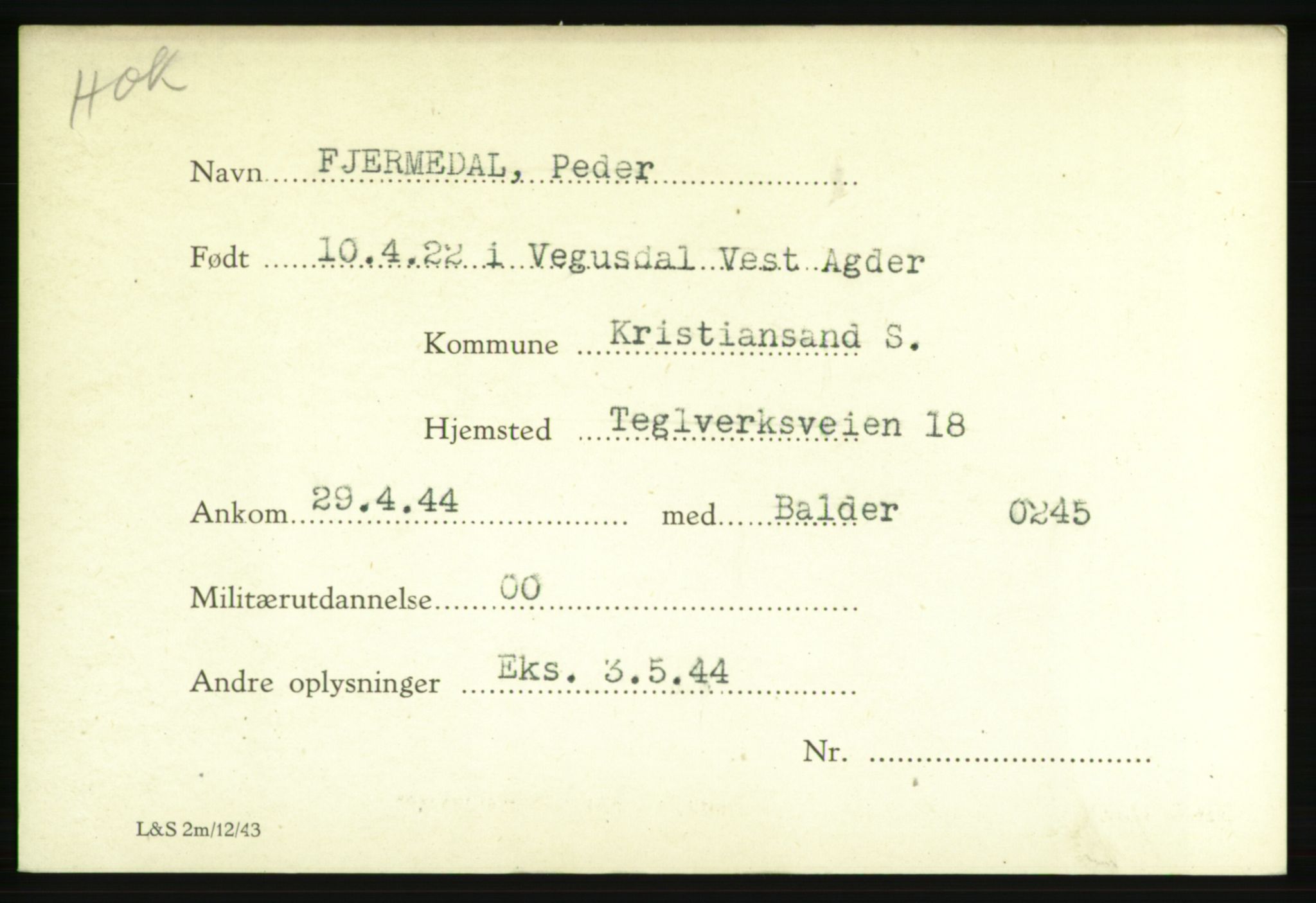 Forsvarets Overkommando. 2. kontor. Arkiv 8.1. Mottakersentralen FDE og FO.II, AV/RA-RAFA-6952/P/Pa/L0006: Fjerdingstad - Græssmann, 1940-1945, s. 4