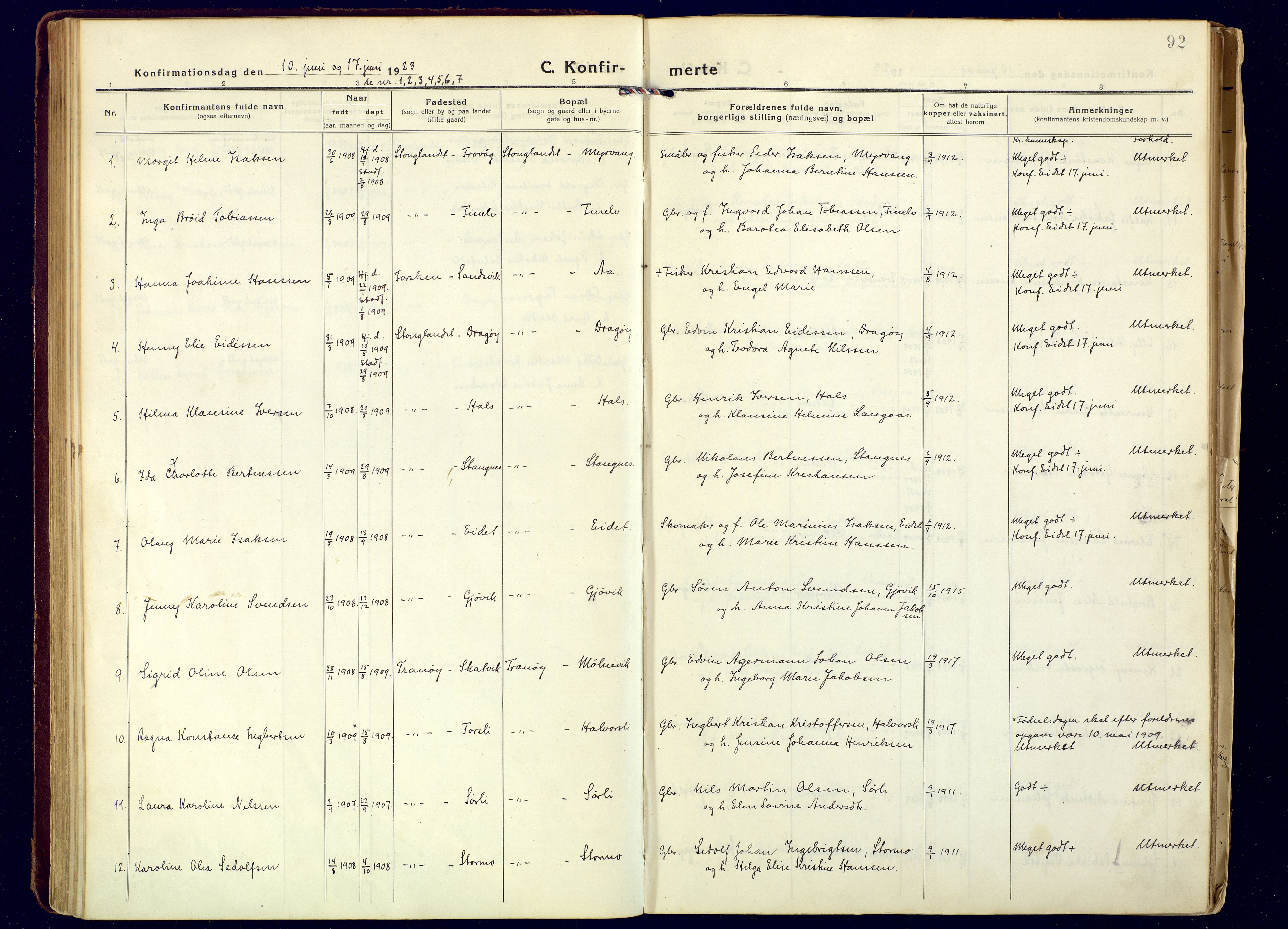 Tranøy sokneprestkontor, AV/SATØ-S-1313/I/Ia/Iaa/L0016kirke: Ministerialbok nr. 16, 1919-1932, s. 92
