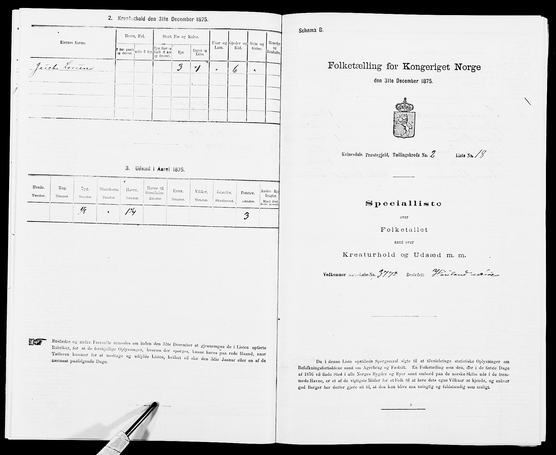 SAK, Folketelling 1875 for 1037P Kvinesdal prestegjeld, 1875, s. 307