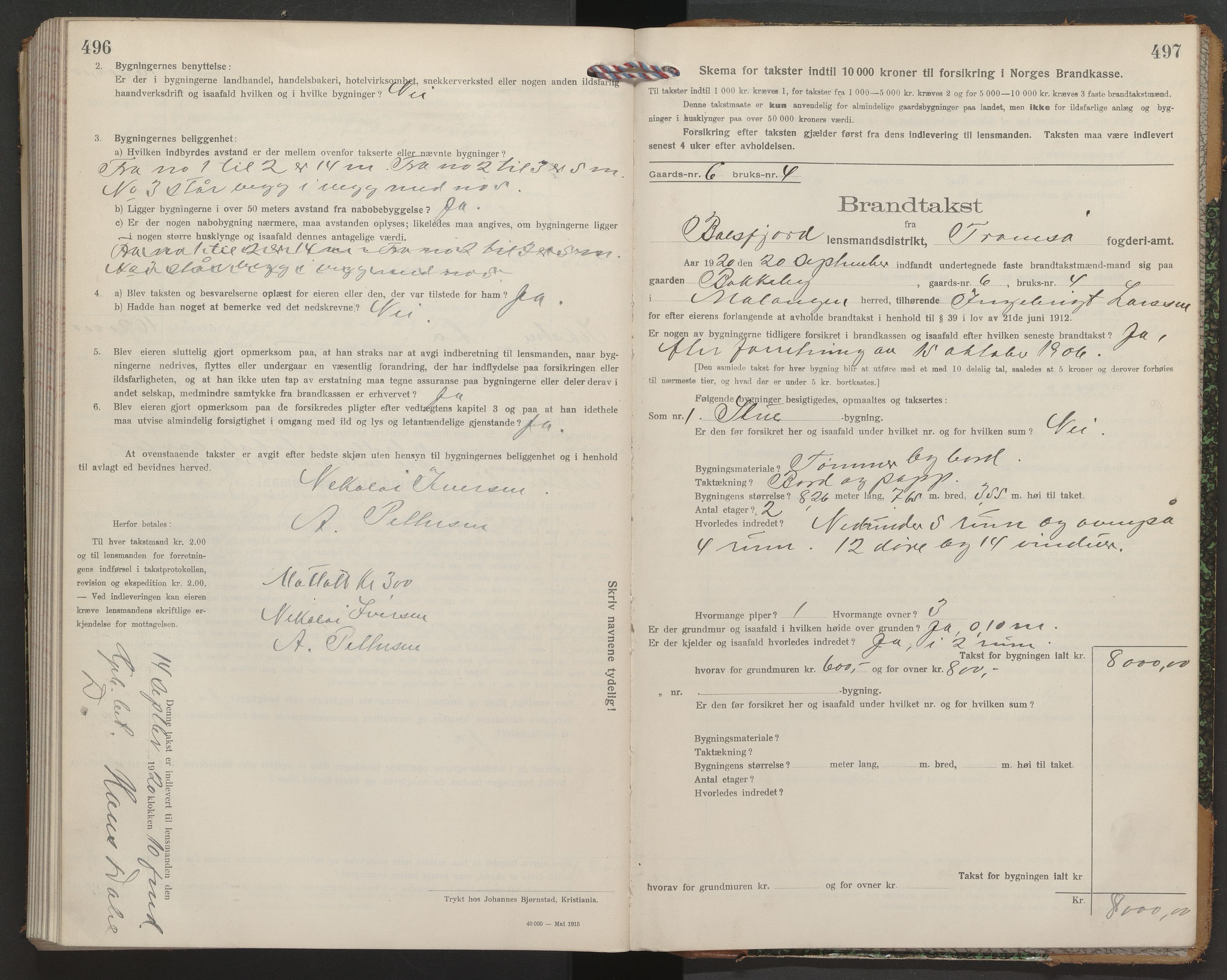 Lensmannen i Balsfjord, AV/SATØ-S-0085/Hf/Hfb/L0179: Branntakstprotokoller 1873-1966. Med register, 1918-1920