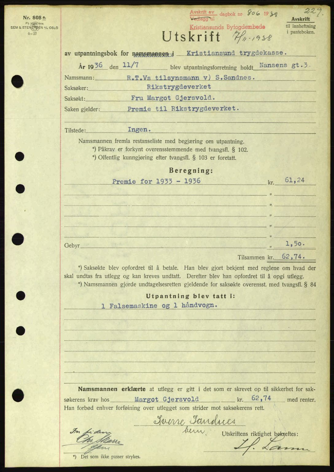 Kristiansund byfogd, AV/SAT-A-4587/A/27: Pantebok nr. 31, 1938-1939, Dagboknr: 806/1938