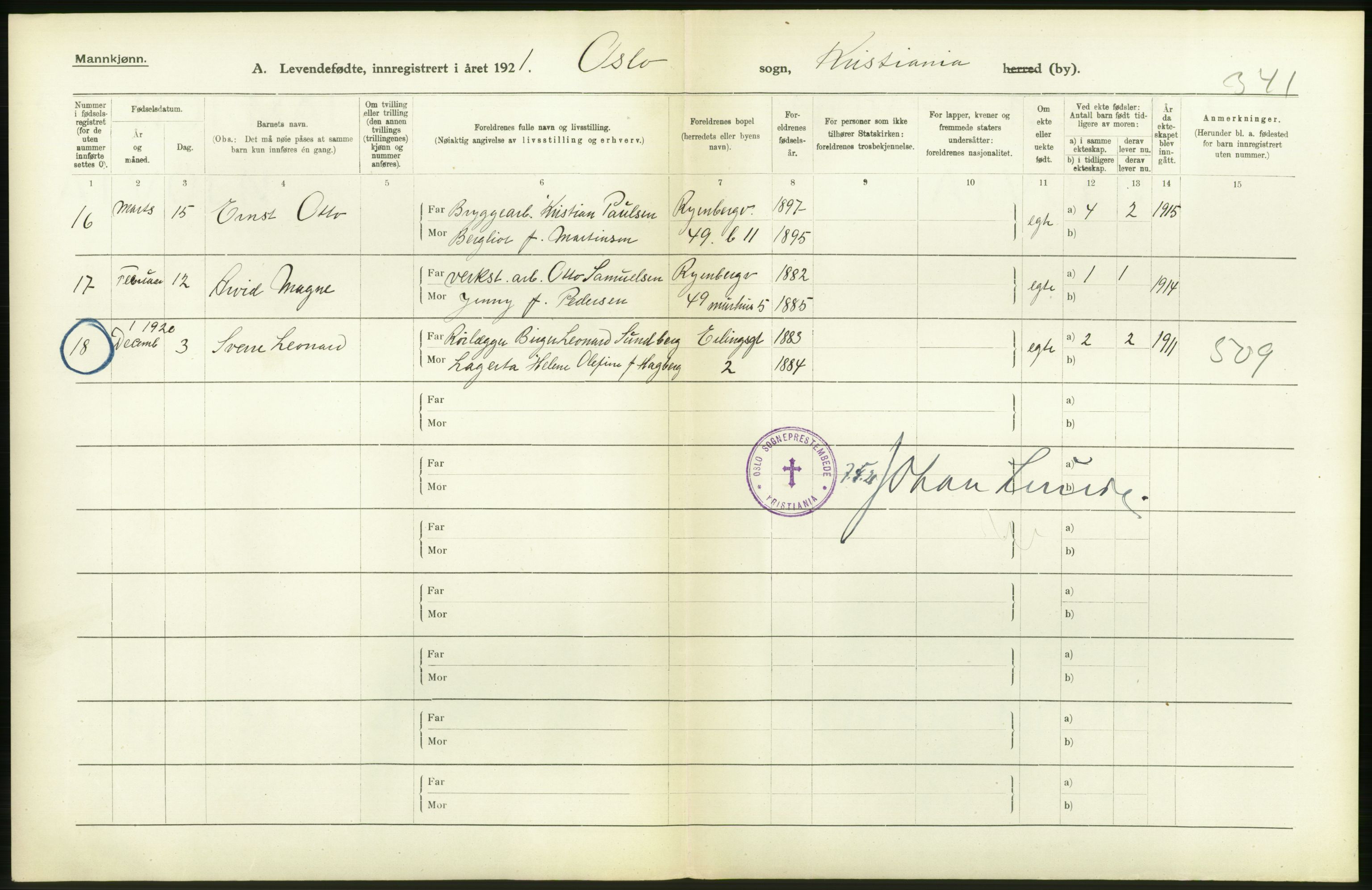 Statistisk sentralbyrå, Sosiodemografiske emner, Befolkning, RA/S-2228/D/Df/Dfc/Dfca/L0009: Kristiania: Levendefødte menn og kvinner., 1921, s. 206