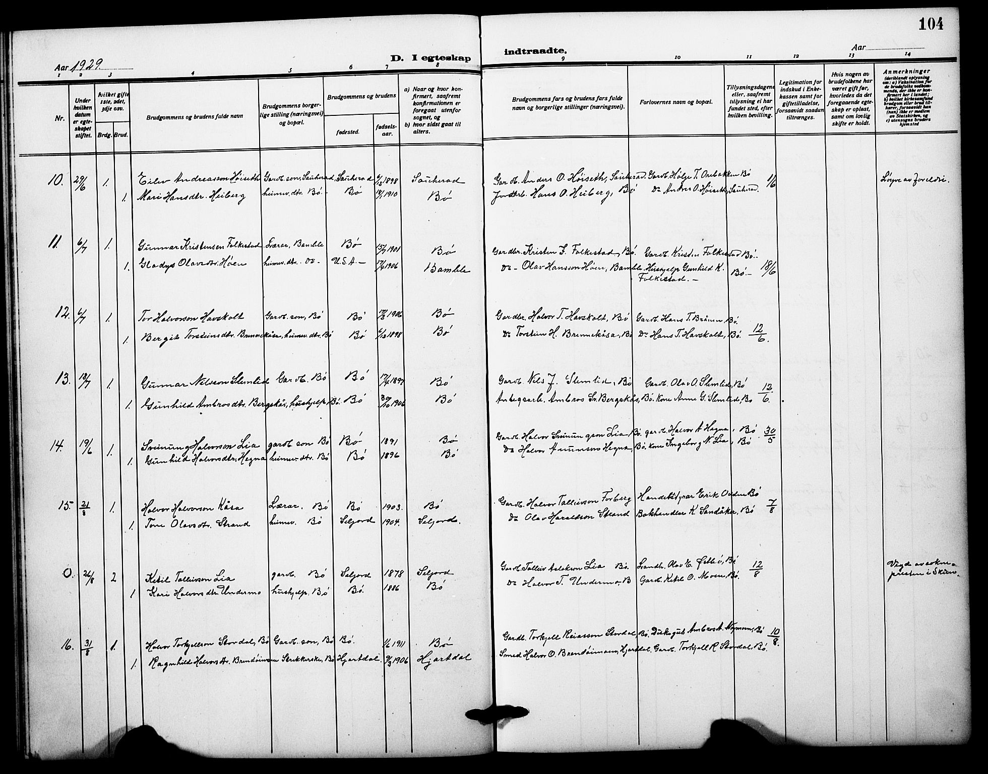 Bø kirkebøker, AV/SAKO-A-257/G/Ga/L0008: Klokkerbok nr. 8, 1920-1930, s. 104