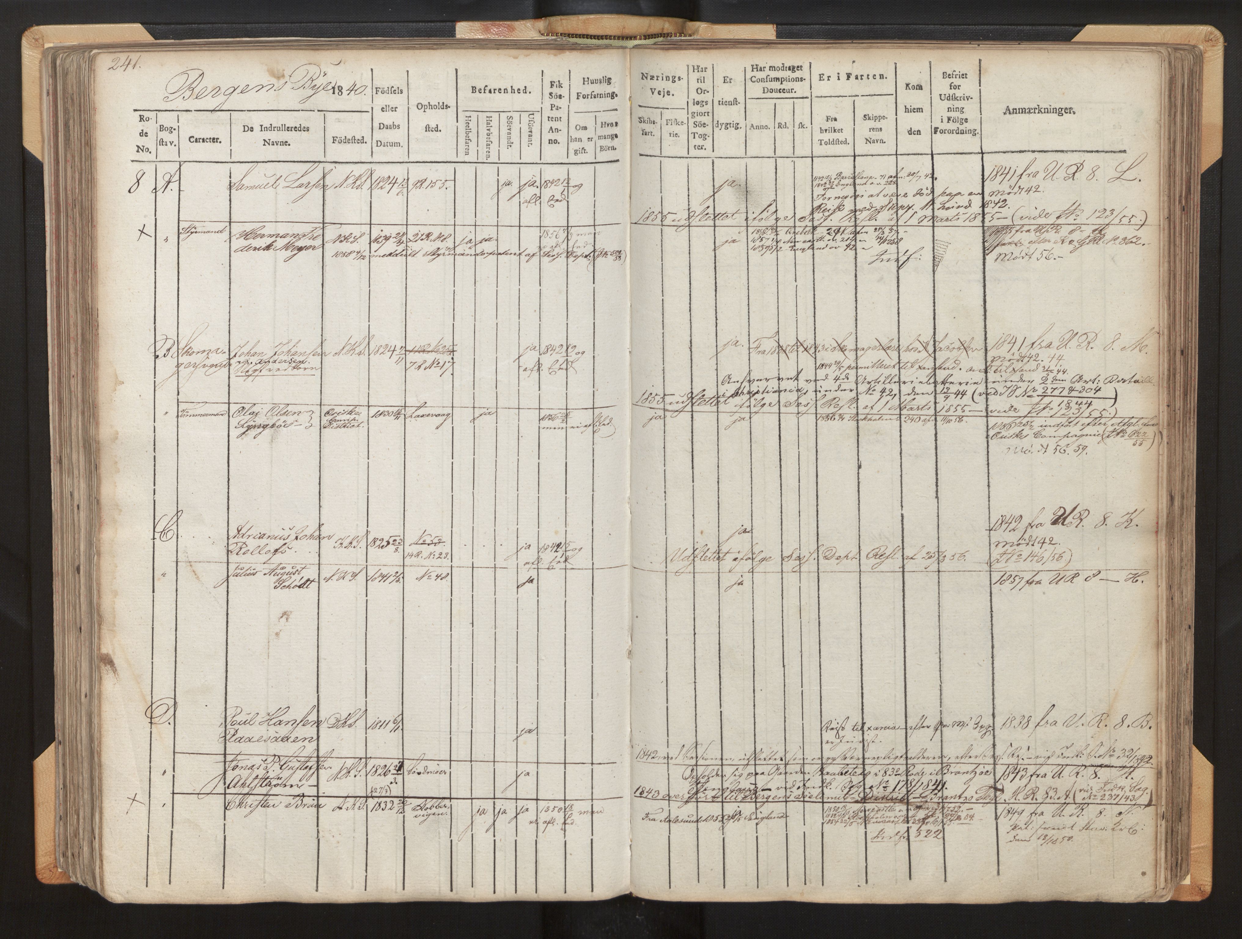 Innrulleringssjefen i Bergen, AV/SAB-A-100050/F/Fh/L0001: Hovedrulle Bergen rodenr. 1 - 10, 1840-1859, s. 241