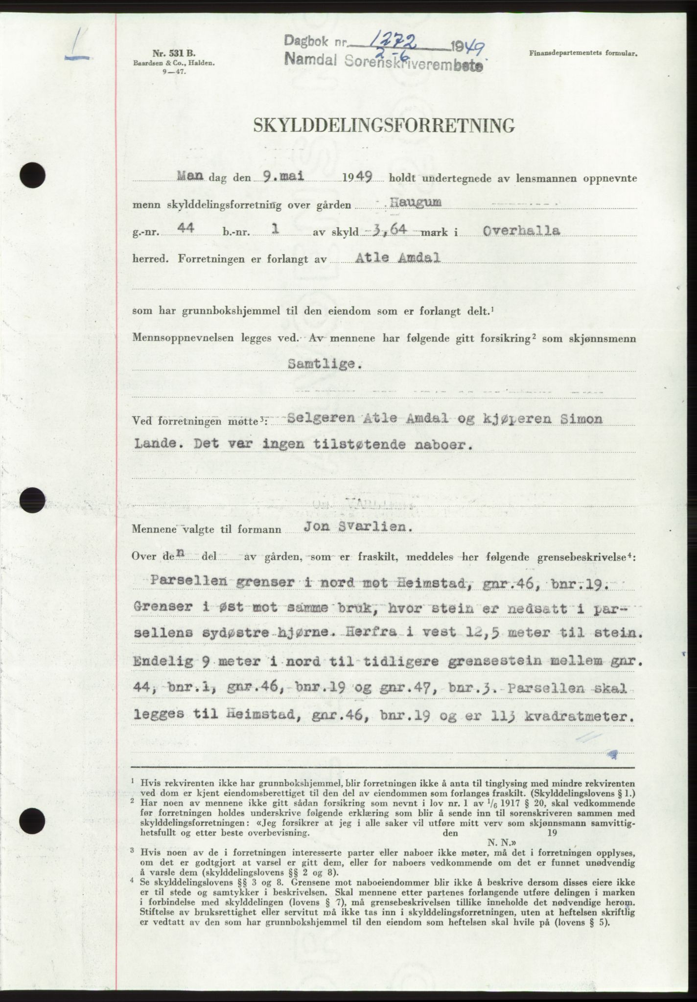 Namdal sorenskriveri, SAT/A-4133/1/2/2C: Pantebok nr. -, 1949-1949, Dagboknr: 1272/1949