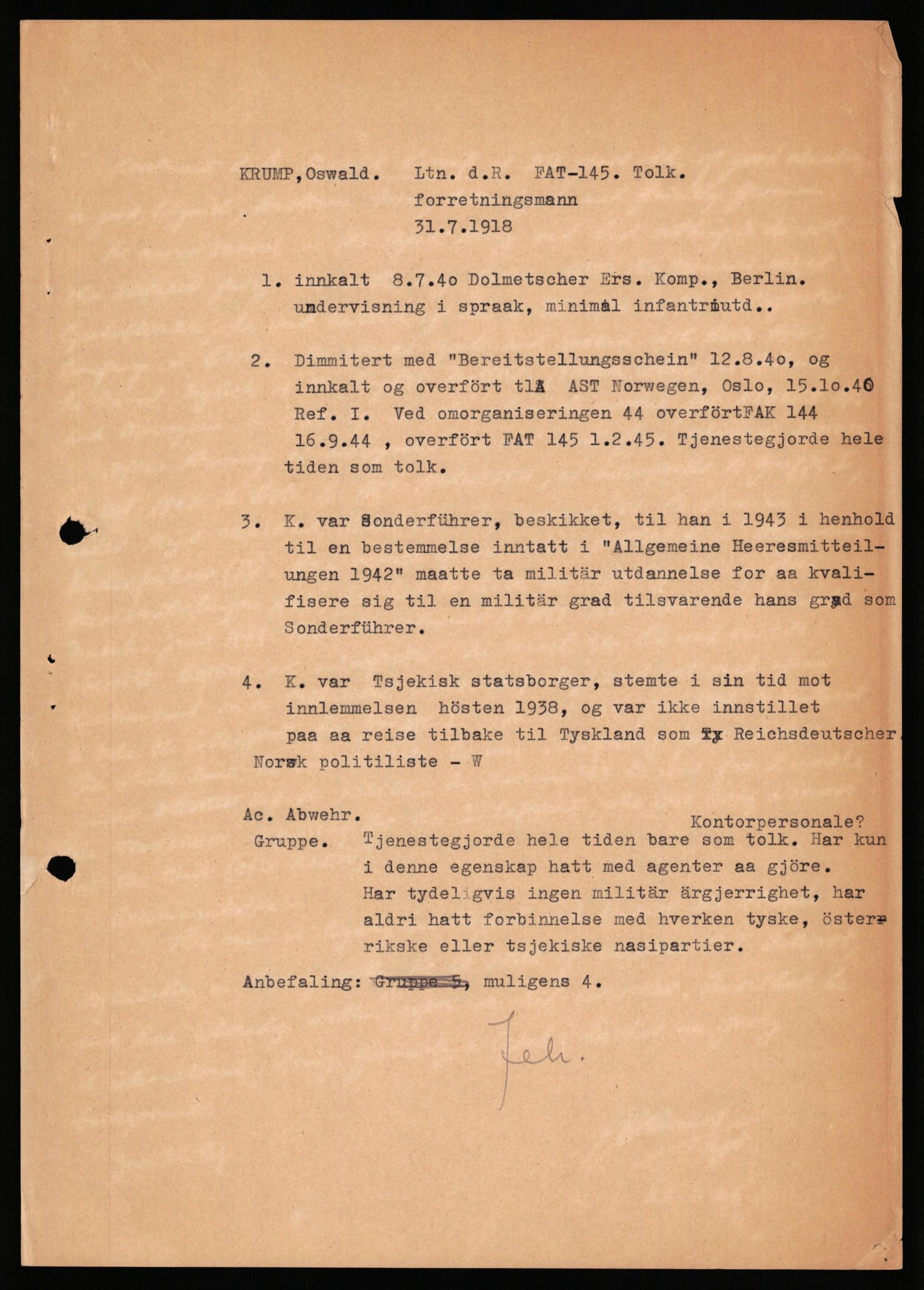 Forsvaret, Forsvarets overkommando II, RA/RAFA-3915/D/Db/L0041: CI Questionaires.  Diverse nasjonaliteter., 1945-1946, s. 245