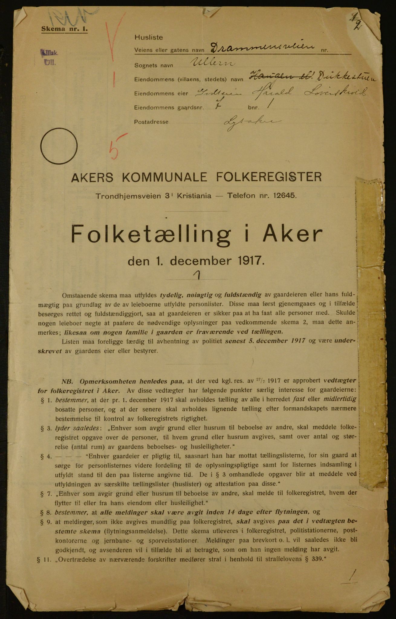 OBA, Kommunal folketelling 1.12.1917 for Aker, 1917, s. 1306