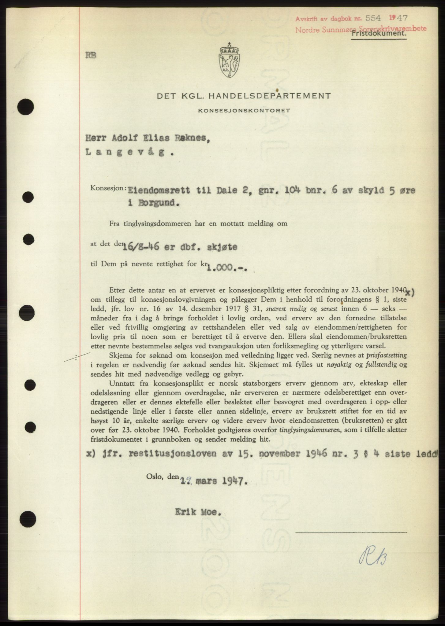 Nordre Sunnmøre sorenskriveri, SAT/A-0006/1/2/2C/2Ca: Pantebok nr. B6-14 b, 1946-1947, Dagboknr: 554/1947