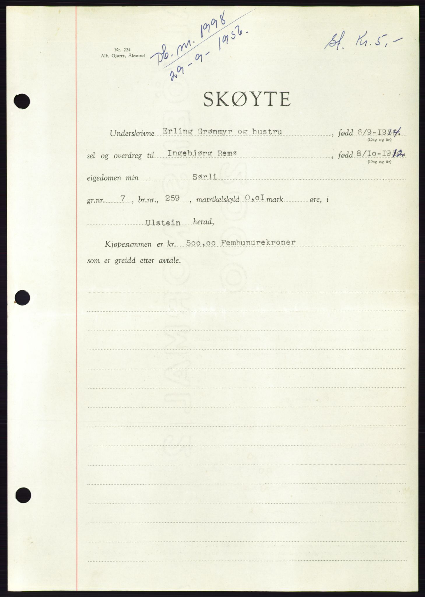 Søre Sunnmøre sorenskriveri, AV/SAT-A-4122/1/2/2C/L0104: Pantebok nr. 30A, 1956-1956, Dagboknr: 1998/1956