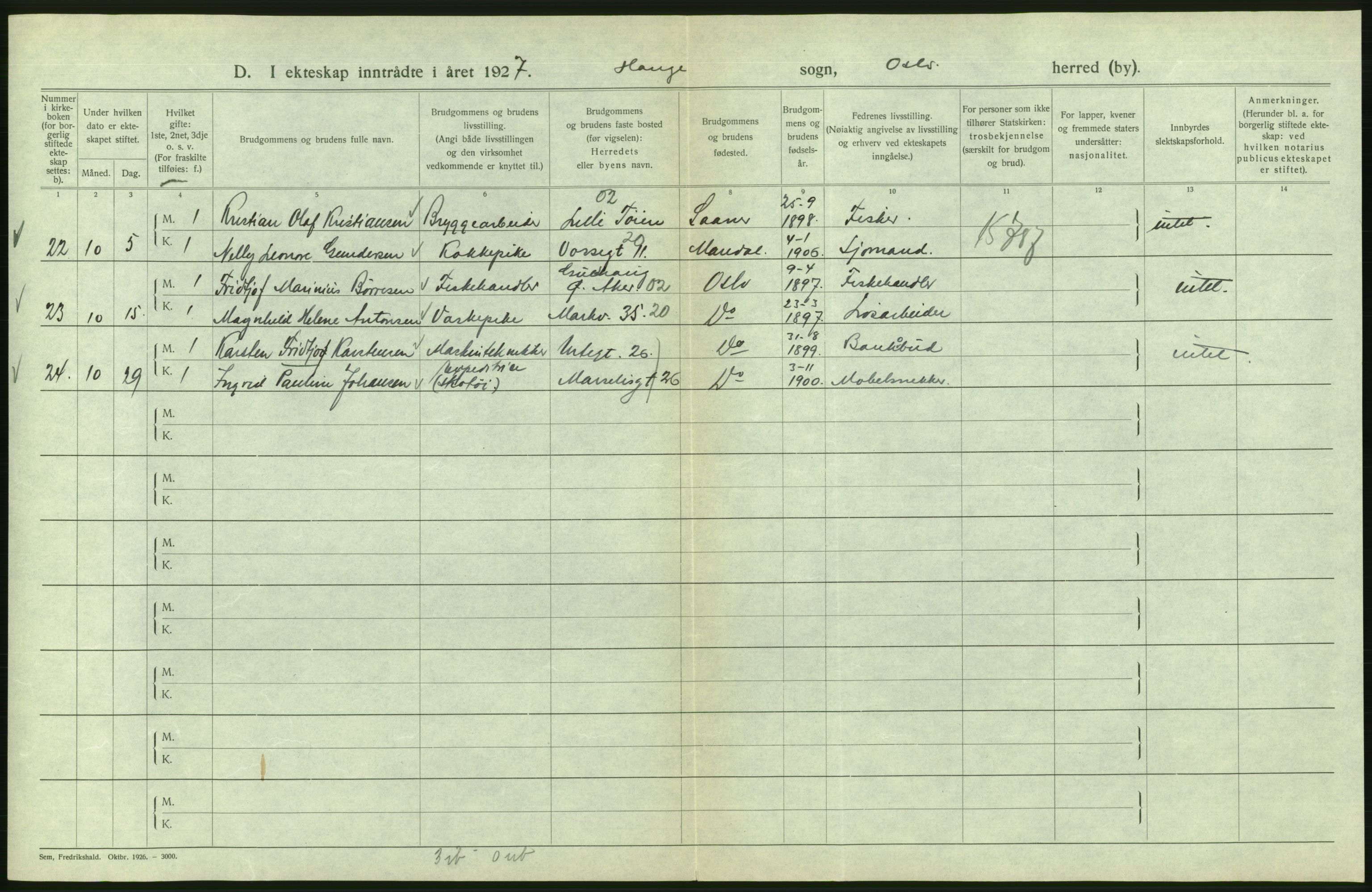 Statistisk sentralbyrå, Sosiodemografiske emner, Befolkning, AV/RA-S-2228/D/Df/Dfc/Dfcg/L0008: Oslo: Gifte, 1927, s. 756