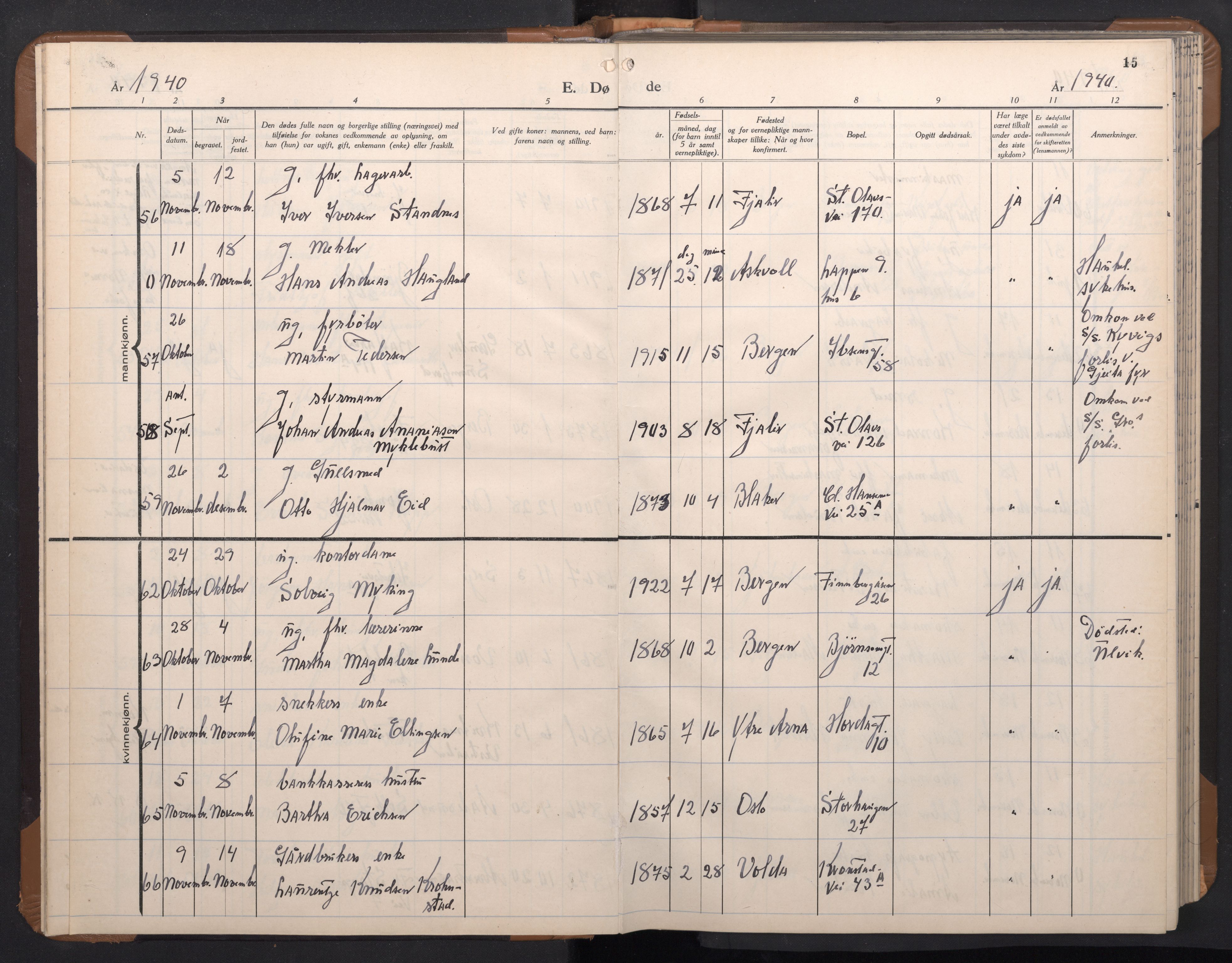 Årstad Sokneprestembete, AV/SAB-A-79301/H/Hab/L0026: Klokkerbok nr. D 3, 1940-1950, s. 14b-15a