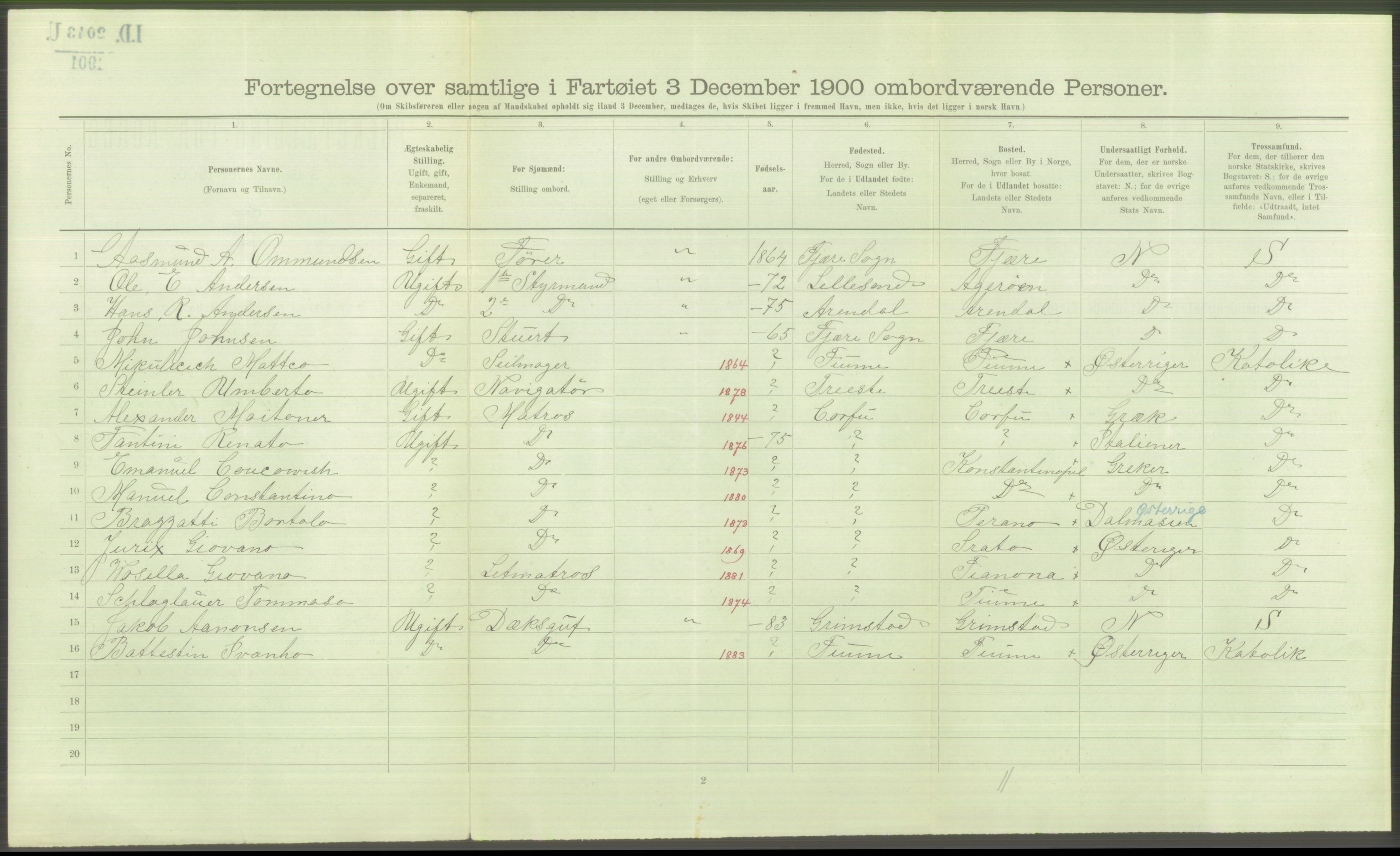 RA, Folketelling 1900 - skipslister med personlister for skip i norske havner, utenlandske havner og til havs, 1900, s. 5624