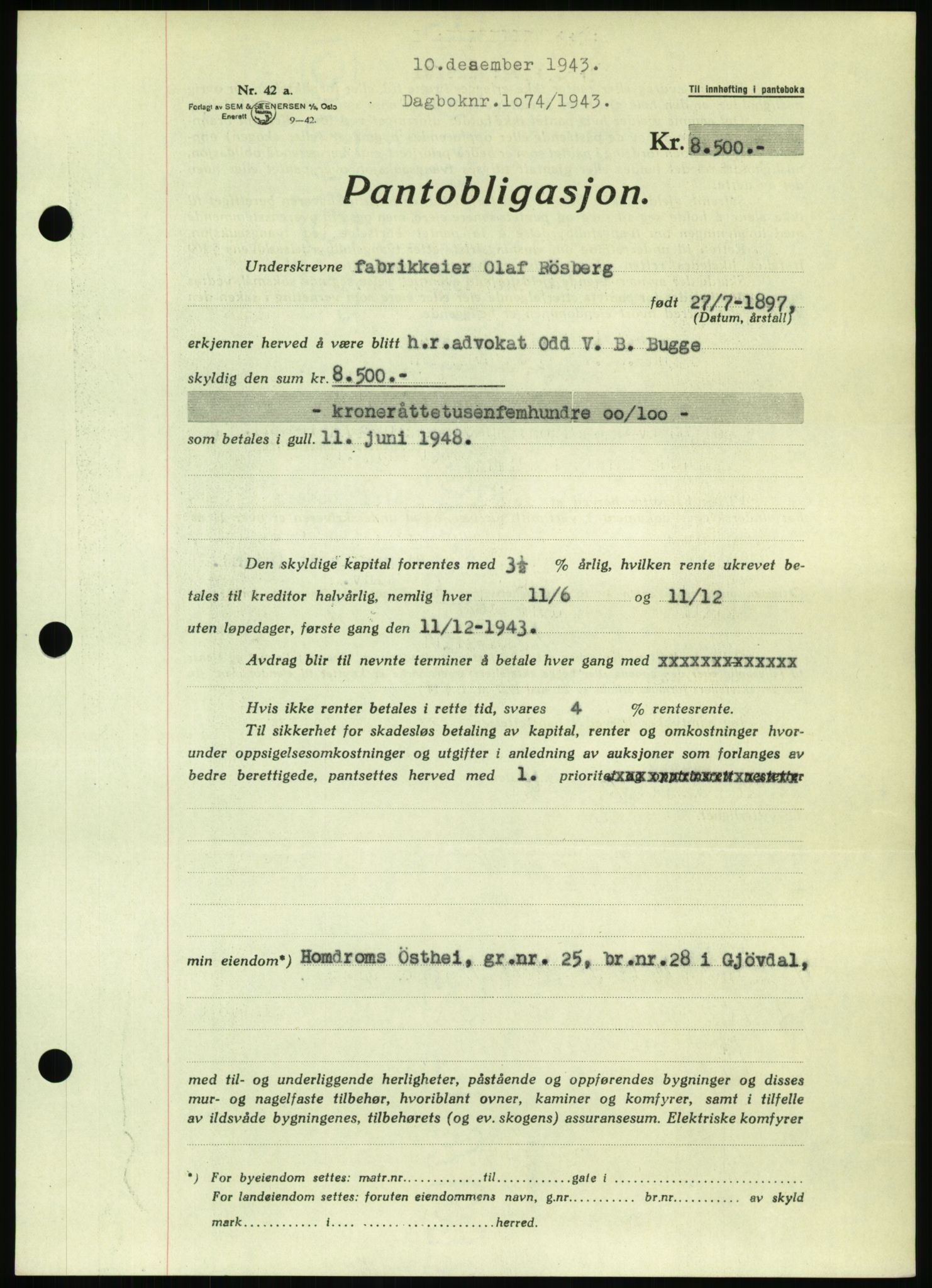 Nedenes sorenskriveri, SAK/1221-0006/G/Gb/Gbb/L0002: Pantebok nr. II, 1942-1945, Dagboknr: 1074/1943