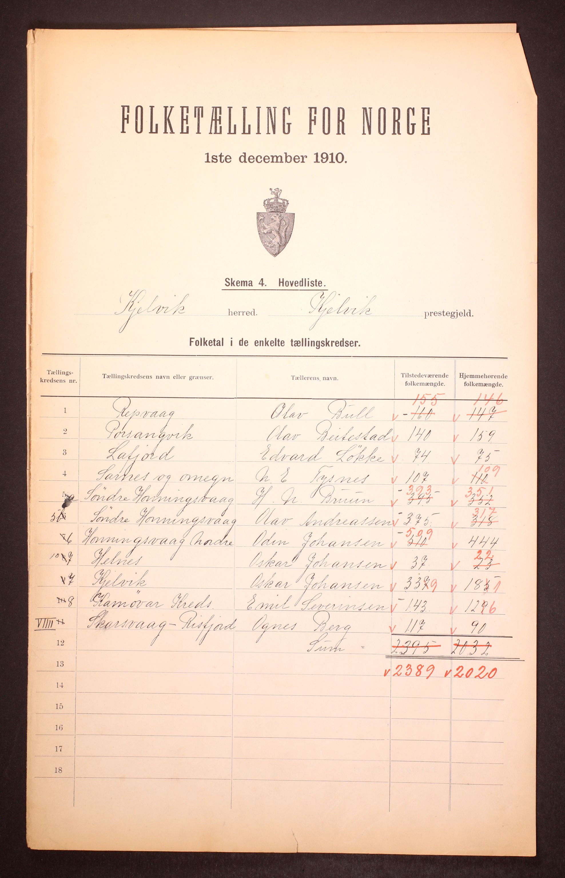RA, Folketelling 1910 for 2019 Kjelvik herred, 1910, s. 2