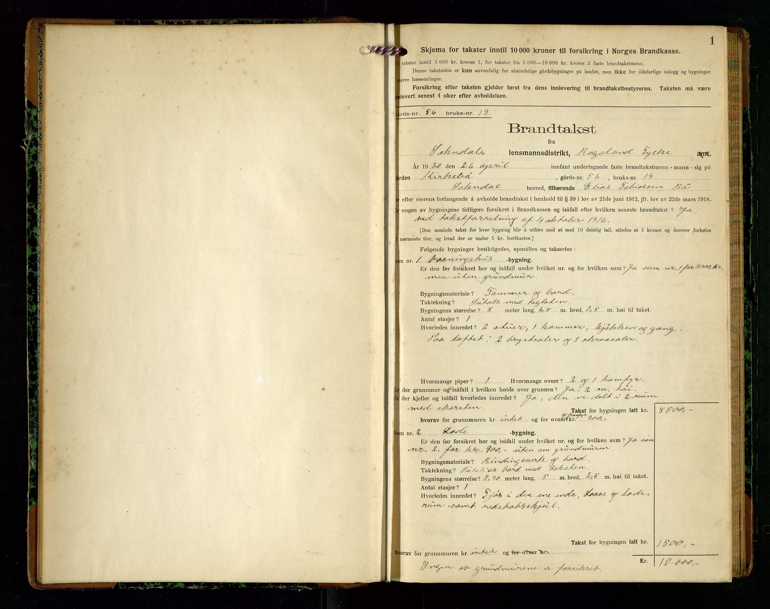 Sokndal lensmannskontor, AV/SAST-A-100417/Gob/L0005: "Brandtakst-Protokol", 1920-1924, s. 1