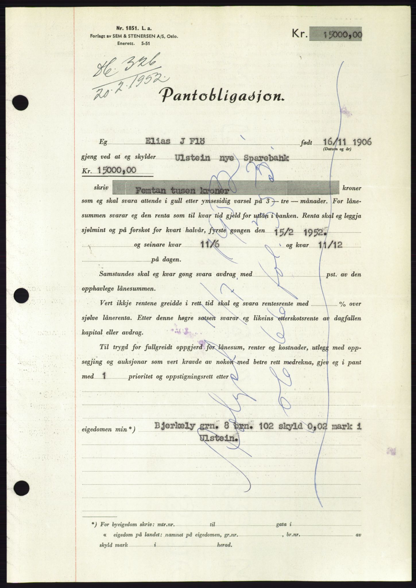 Søre Sunnmøre sorenskriveri, AV/SAT-A-4122/1/2/2C/L0121: Pantebok nr. 9B, 1951-1952, Dagboknr: 326/1952