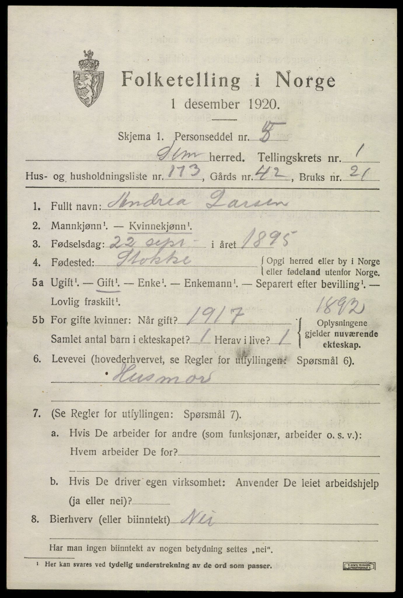 SAKO, Folketelling 1920 for 0721 Sem herred, 1920, s. 5015
