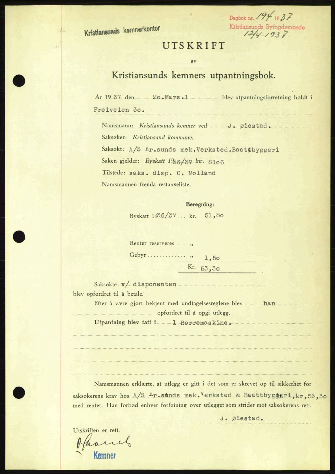 Kristiansund byfogd, SAT/A-4587/A/27: Pantebok nr. 29, 1936-1937, Dagboknr: 194/1937