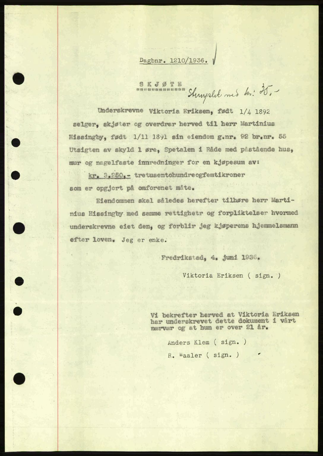 Moss sorenskriveri, SAO/A-10168: Pantebok nr. A1, 1936-1936, Dagboknr: 1210/1936