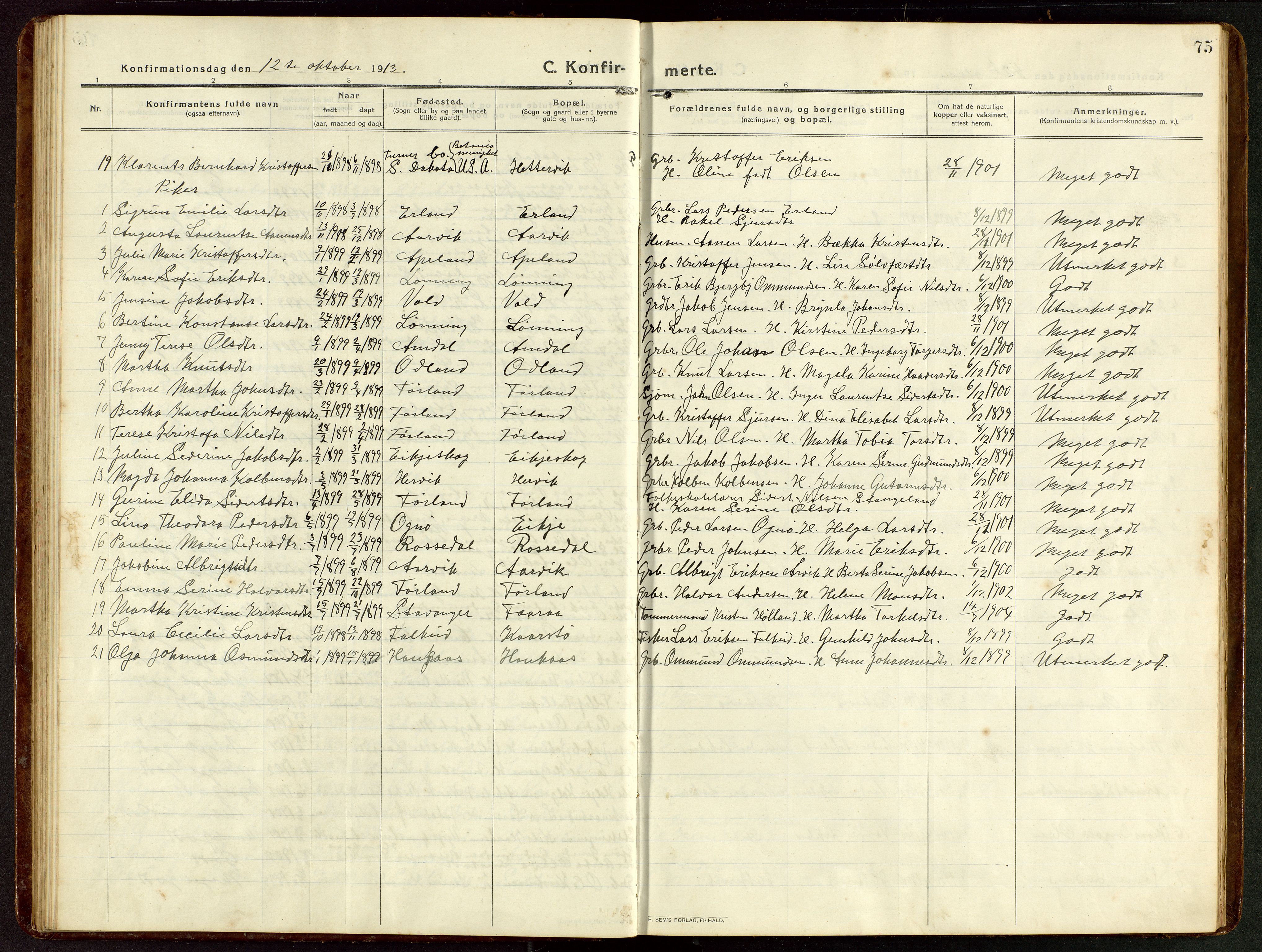 Tysvær sokneprestkontor, AV/SAST-A -101864/H/Ha/Hab/L0011: Klokkerbok nr. B 11, 1913-1946, s. 75