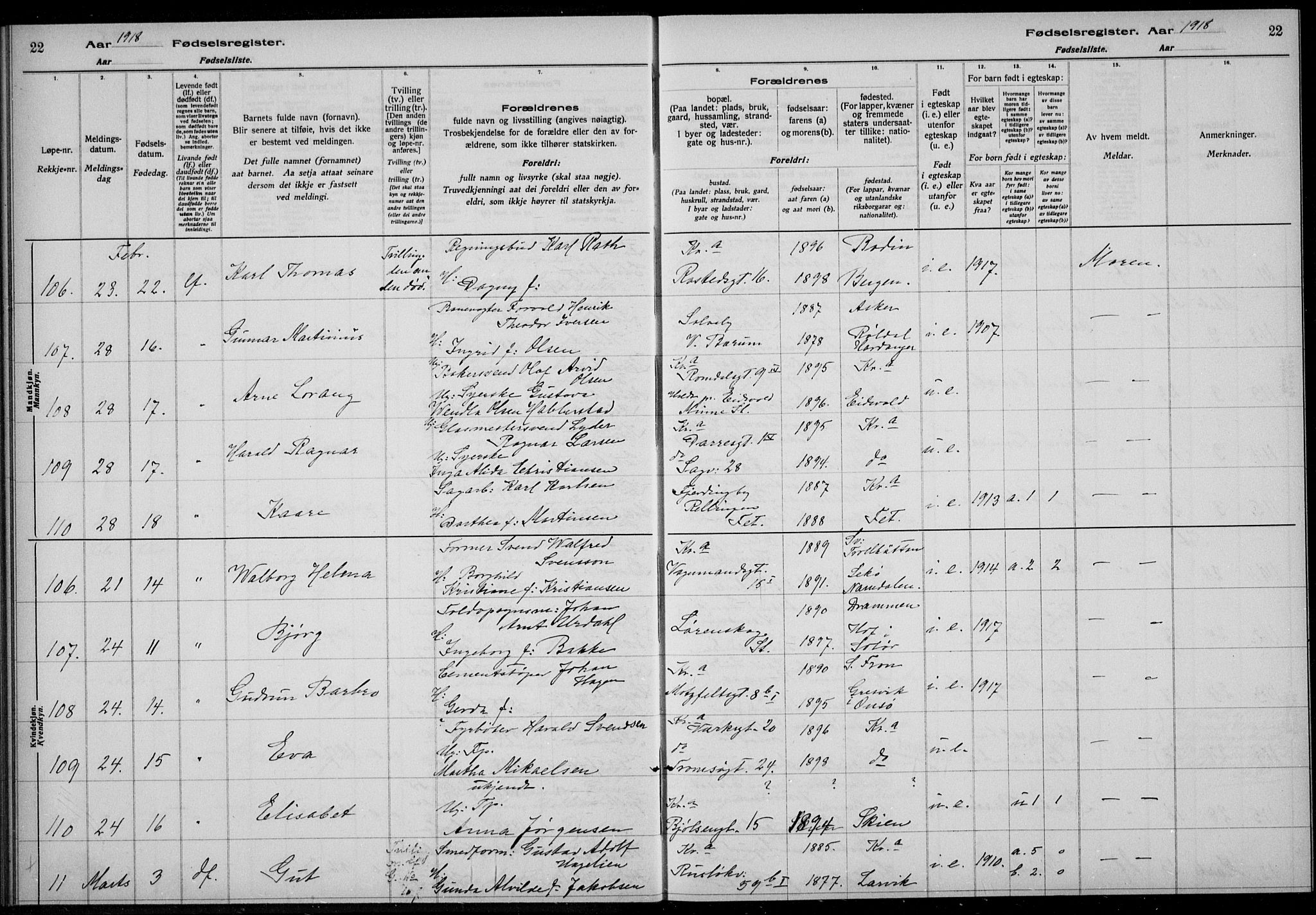 Rikshospitalet prestekontor Kirkebøker, AV/SAO-A-10309b/J/L0003: Fødselsregister nr. 3, 1918-1918, s. 22